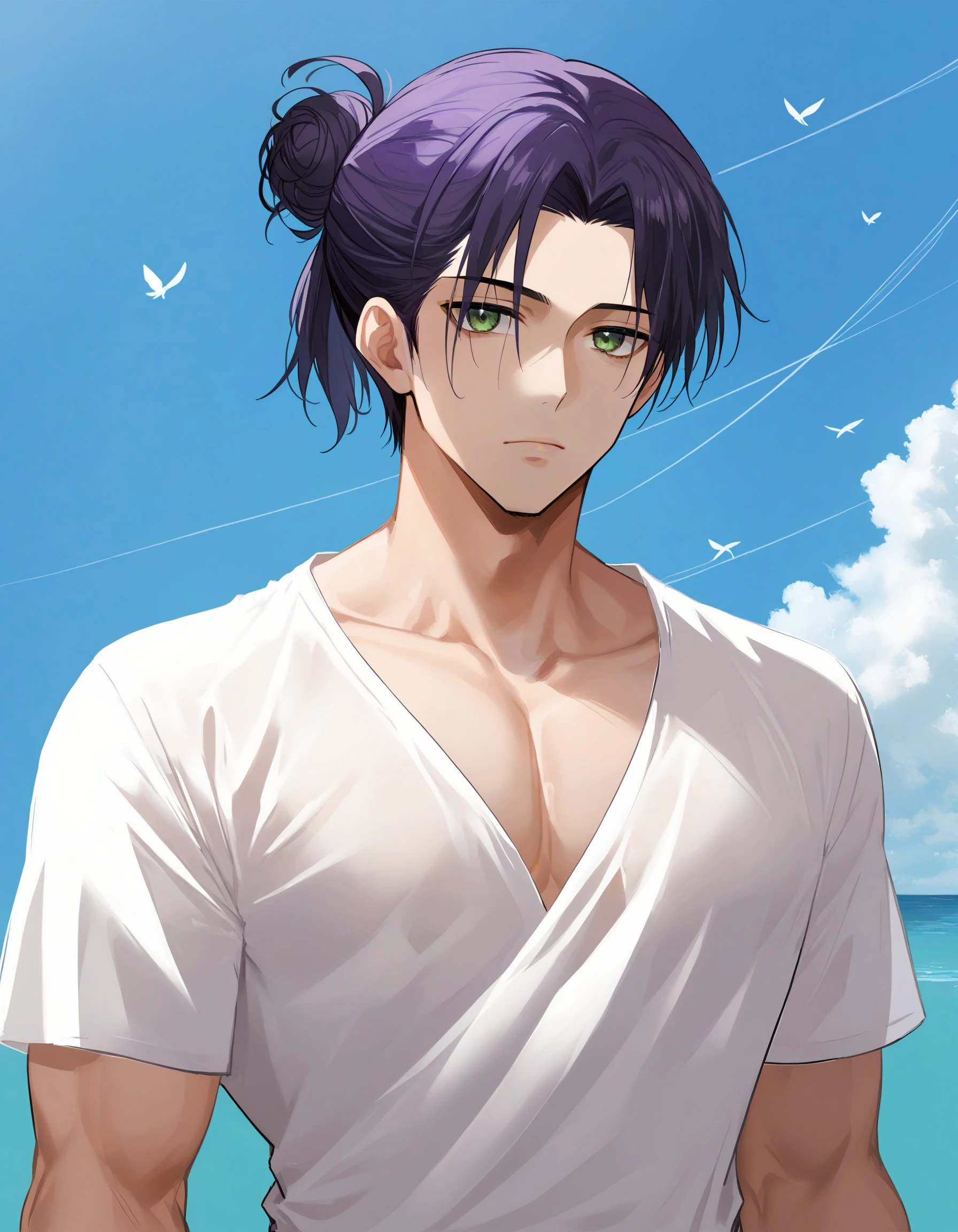 1boy absurdres adam's_apple bags_under_eyes black_shirt blue_sky cloud collarbone eren_yeager expressionless facial_mark forehead from_side green_eyes hair_bun highres lips looking_ahead male_focus mugoa_mugo open_clothes open_shirt pectorals shingeki_no_kyojin shirt sky solo sunset toned toned_male updo, AGM STYLE