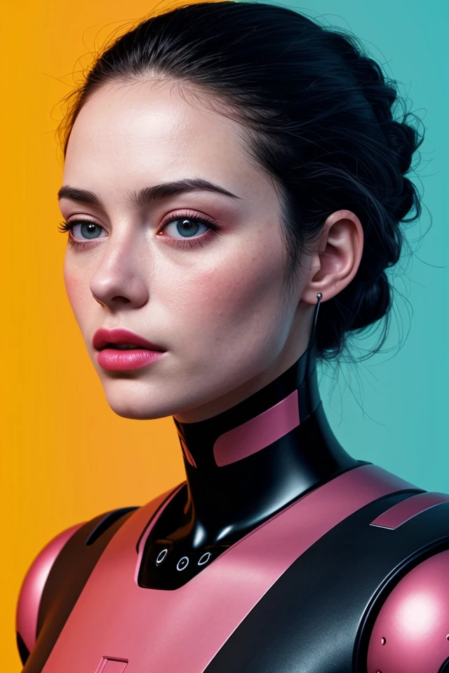 , roboface of Laura Gondzi,  s_state_stressed overlines and tense color scheme,
,color and scene styled by s_state_expressive s_state_qualitative, s_state_detailing photorealistic,