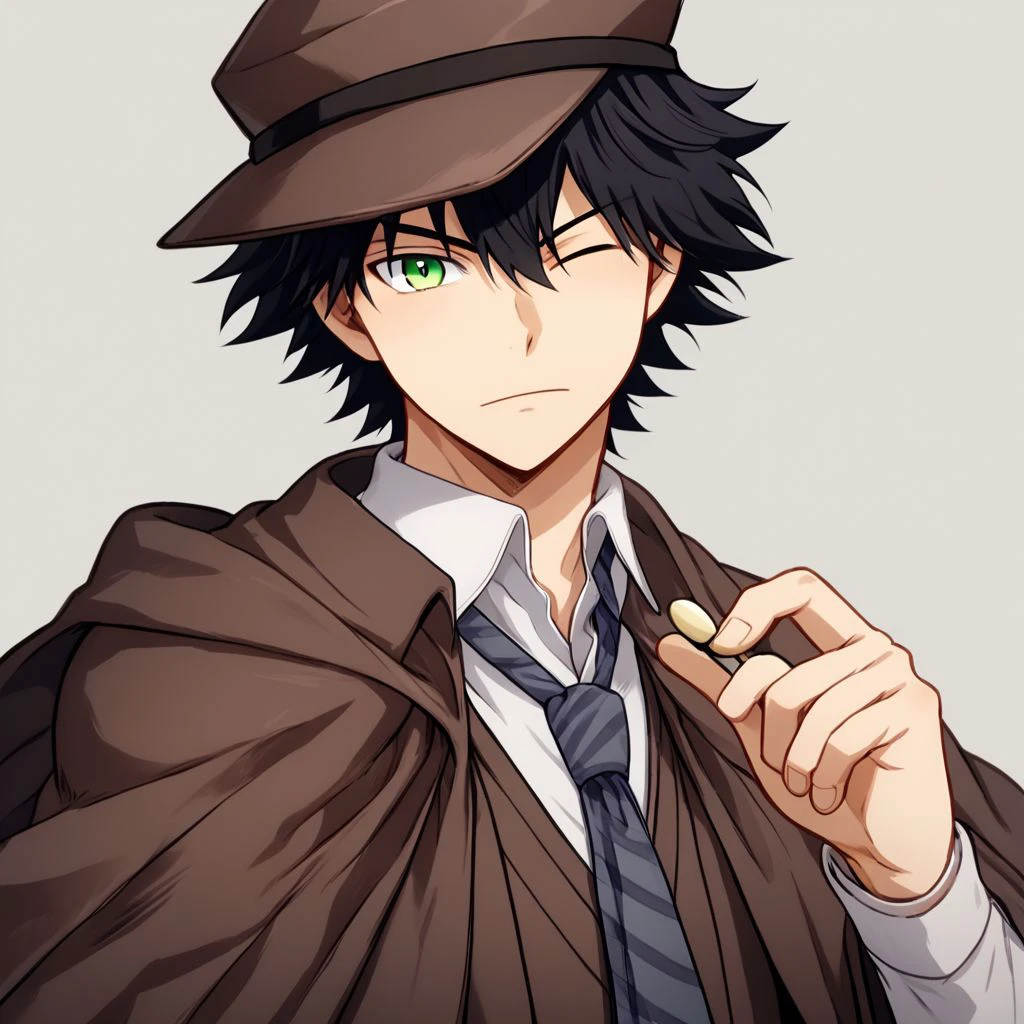 1boy, male focus, messy black hair, green eyes, one eye closed, detective beige clothes, detective hat, necktie, best quality