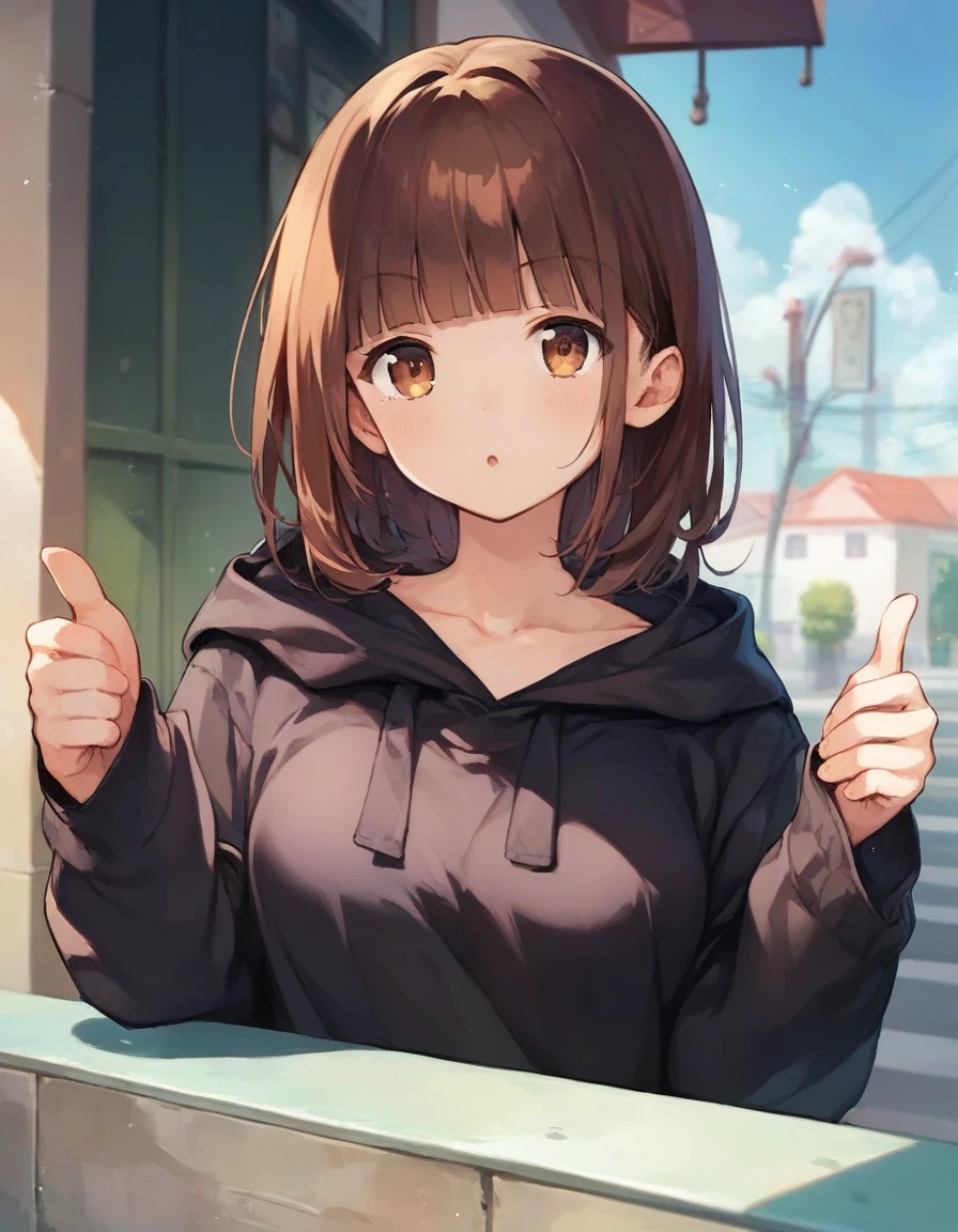 score_9,score_8_up,score_7_up,score_6_up BREAK official art,solo,outdoors,upper body,(portrait:1.5),looking at viewer,facing viewer,Nanase Kurumi,medium hair,brown hair,sidelocks,blunt bangs,brown eyes,collarbone,hood down,black hoodie,sleeves past wrists,medium breasts,thumbs up,no pants,black thighhighs,loafers,<lora:Nanase Kurumi(menhera-chan)-Pony:1.4>,<lora:Smooth Anime Style LoRA XL:0.8>,