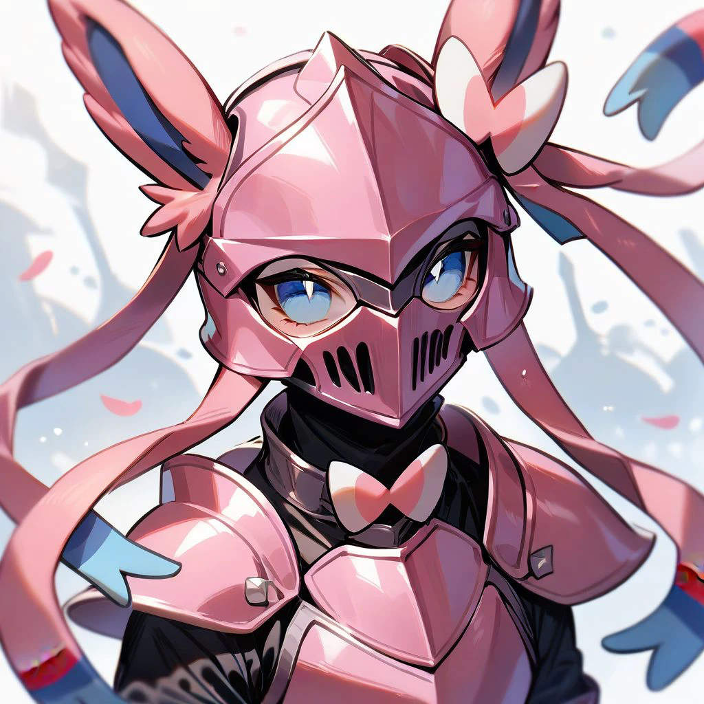 score_9,score_8_up,score_7_up,score_6_up,score_5_up,score_4_up, solo, knight, pink armor, helmet, pokemon (creature), sylveon, blue eyes,