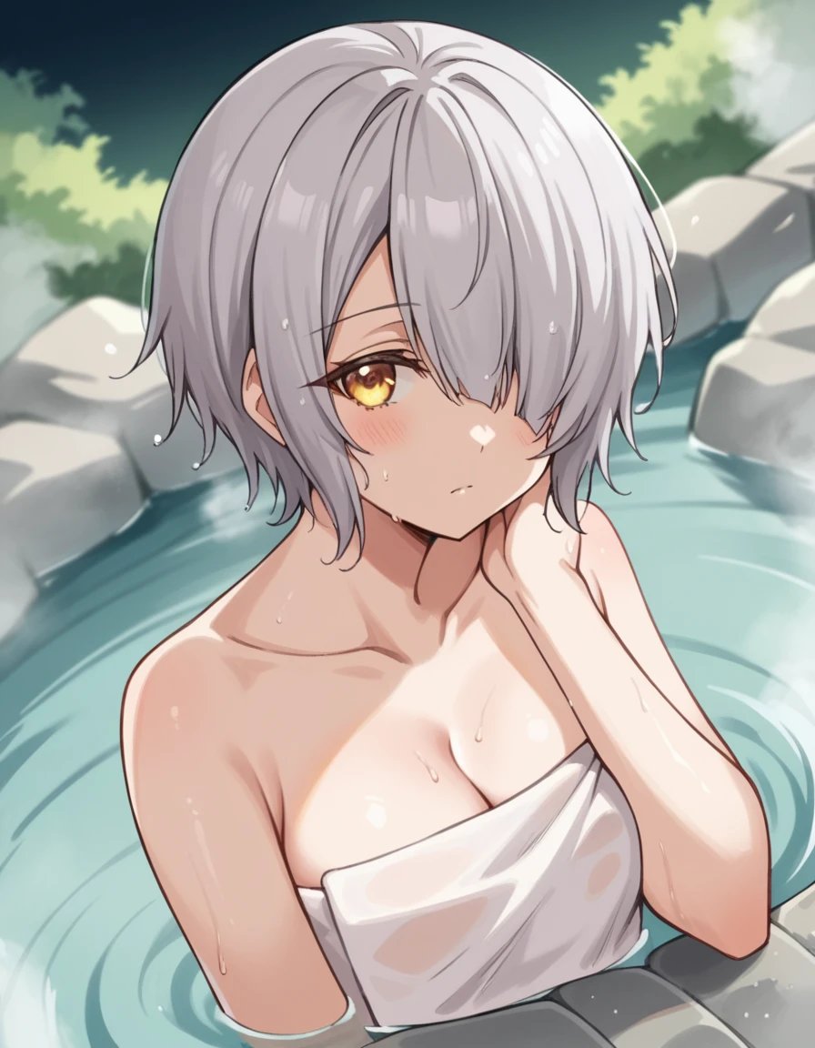 1girl, white hair, purple eyes, portrait, realistic, towel, (onsen), sidelighting, wallpaper, nsfw,