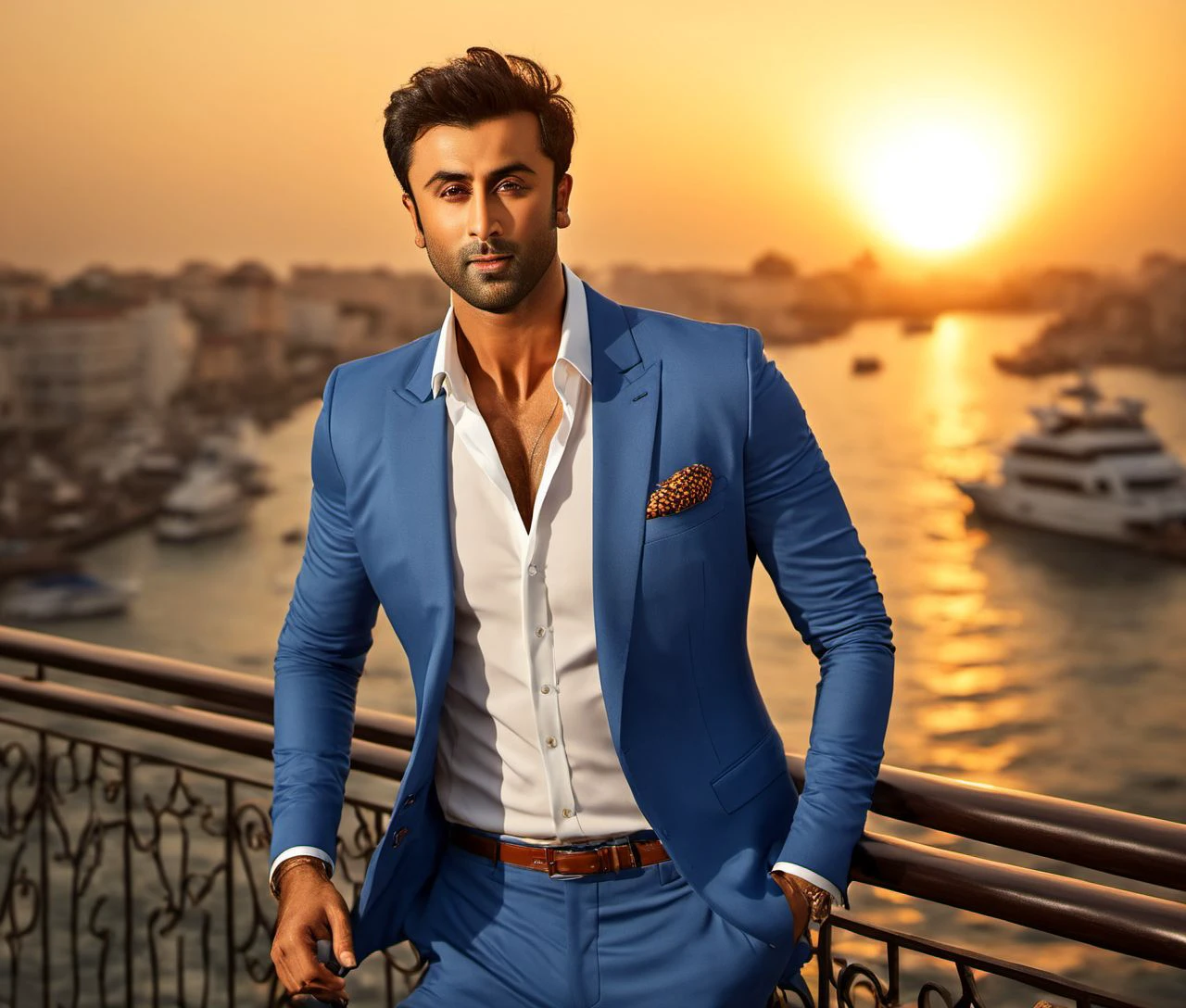 Nautical-themed (Photo:1.3) of (Ultrarealistic:1.3) <lora:Man_Men_FFashion:1> Ranbir Kapoor a man <lora:Ranbir-Kapoor:1> in a blue suit standing on a balcony, handsome man, attractive man, handsome male, sun behind him, inspired by Pablo Munoz Gomez, shot at golden hour, editorial photograph, midshot of a hunky, by Roman Bezpalkiv, by Artur Tarnowski, maxim sukharev, by Gabor Szikszai,Highly Detailed,(Mono Color:1.3) . Sea, ocean, ships, maritime, beach, marine life, highly detailed