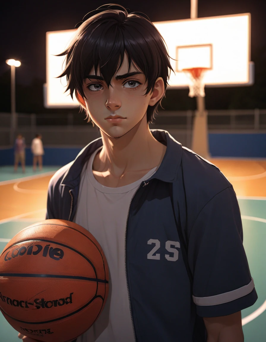 anime artwork anime artwork manga style An epic concept render unfolds on a dark, moxie1776 20 year old american man, crew cut, dark hair, no facial hair, skinny, happy and expression, close-up, looking at viewer, outdoor basketball court  in the background,  <lora:moxie1776:0.6>,  <lora:zavy-cntrst-sdxl:0.6> dark, chiaroscuro, low-key . anime style, key visual, vibrant, studio anime, highly detailed