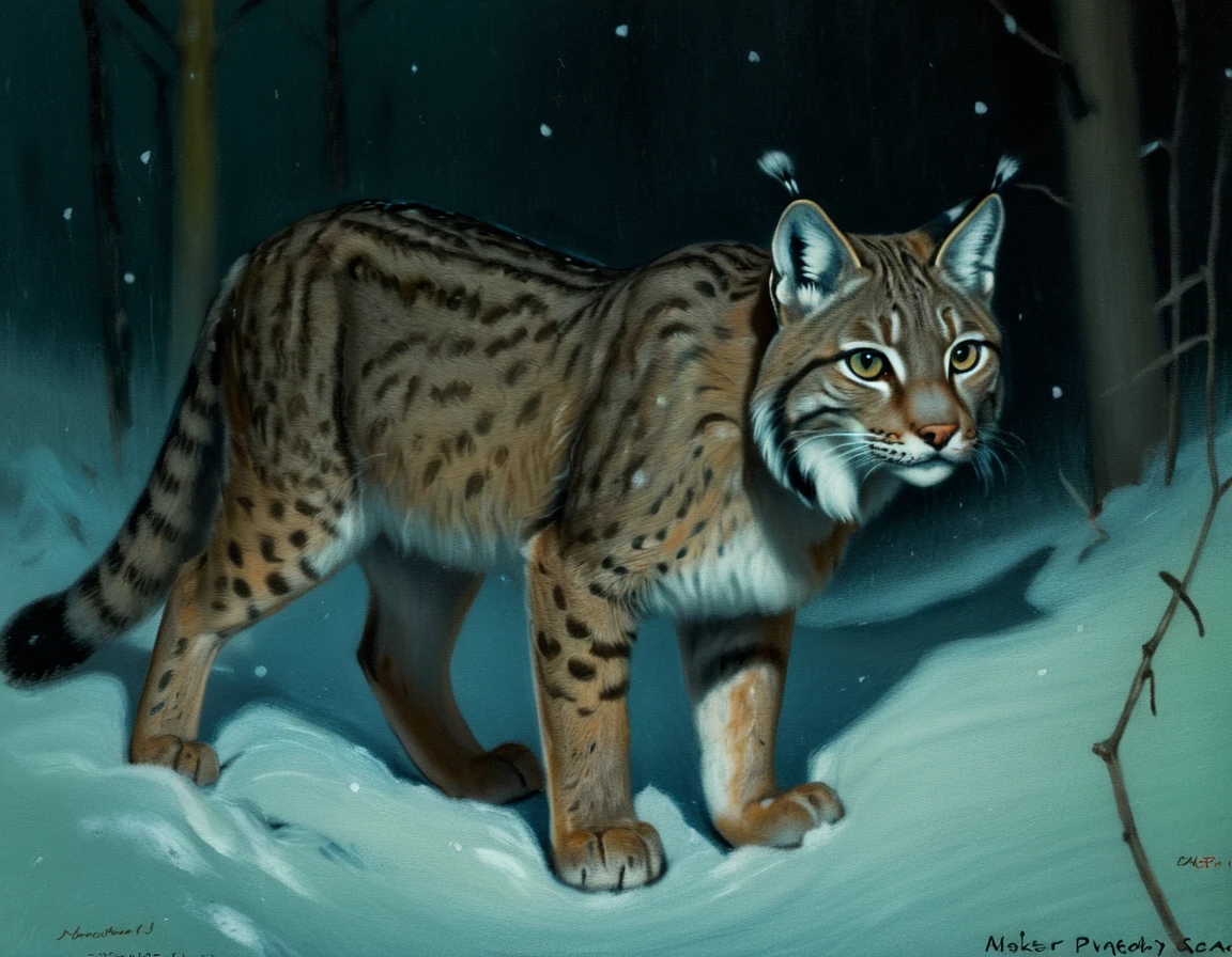 Arcpastel of a lynx in a snowy forest, night
