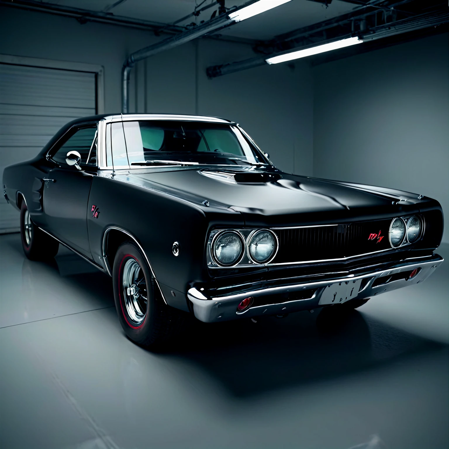 (dark) high-resolution 8k realistic photograph of a matte black 68DodgeXL in a well lit hanger, studio lighting, rim lighting, shallow depth of field, <lora:68DodgeXL:0.85> <lora:Dark realism:1>