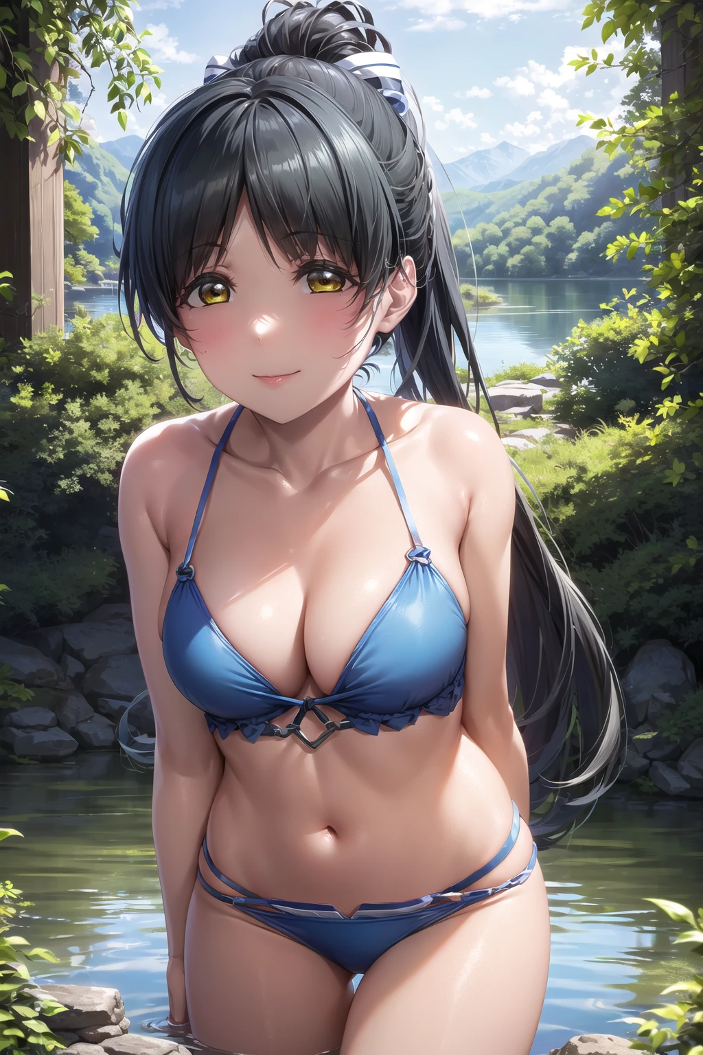 (masterpiece, best quality, ultra-detailed), (illustration), (beautiful detailed eyes), (1girl), (solo),  hazuki ren, black hair, yellow eyes, (long hair:1.3), high ponytail, (hair ribbon:1.2), <lora:ren-04:1>,medium breasts,
(dark blue bikini), cleavage,
(arms support:1.1), standing,
(cowboy shot), (tareme), smile, closed mouth,
(outdoors, greenery, trees, forest, lake, rocks, water:1.1), ,depth of field, , <lora:1651489307798708599:0.4> <lora:add_detail:0.2> <lora:tareme:0.4>, <lora:LowRA:0.2>