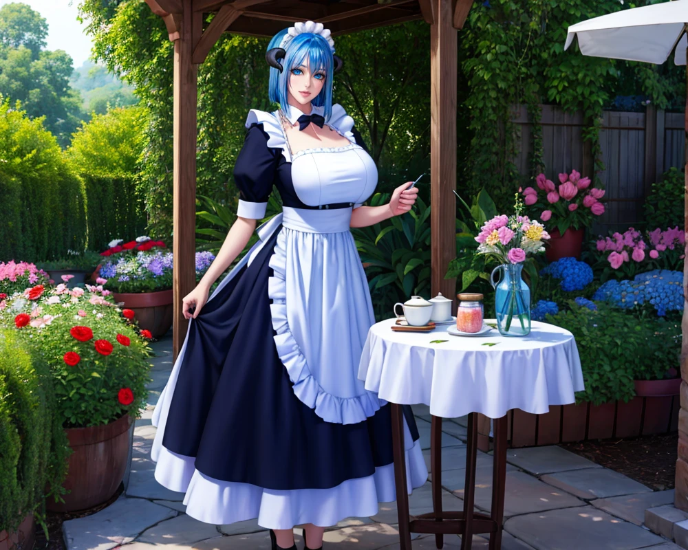 <lora:cyanbaru4:0.8>,1girl, cyanbaru, solo, large breasts, blue hair, horns, huge breasts, blue eyes, maid, maid headdress, full body,  tea jar, garden, flowers,