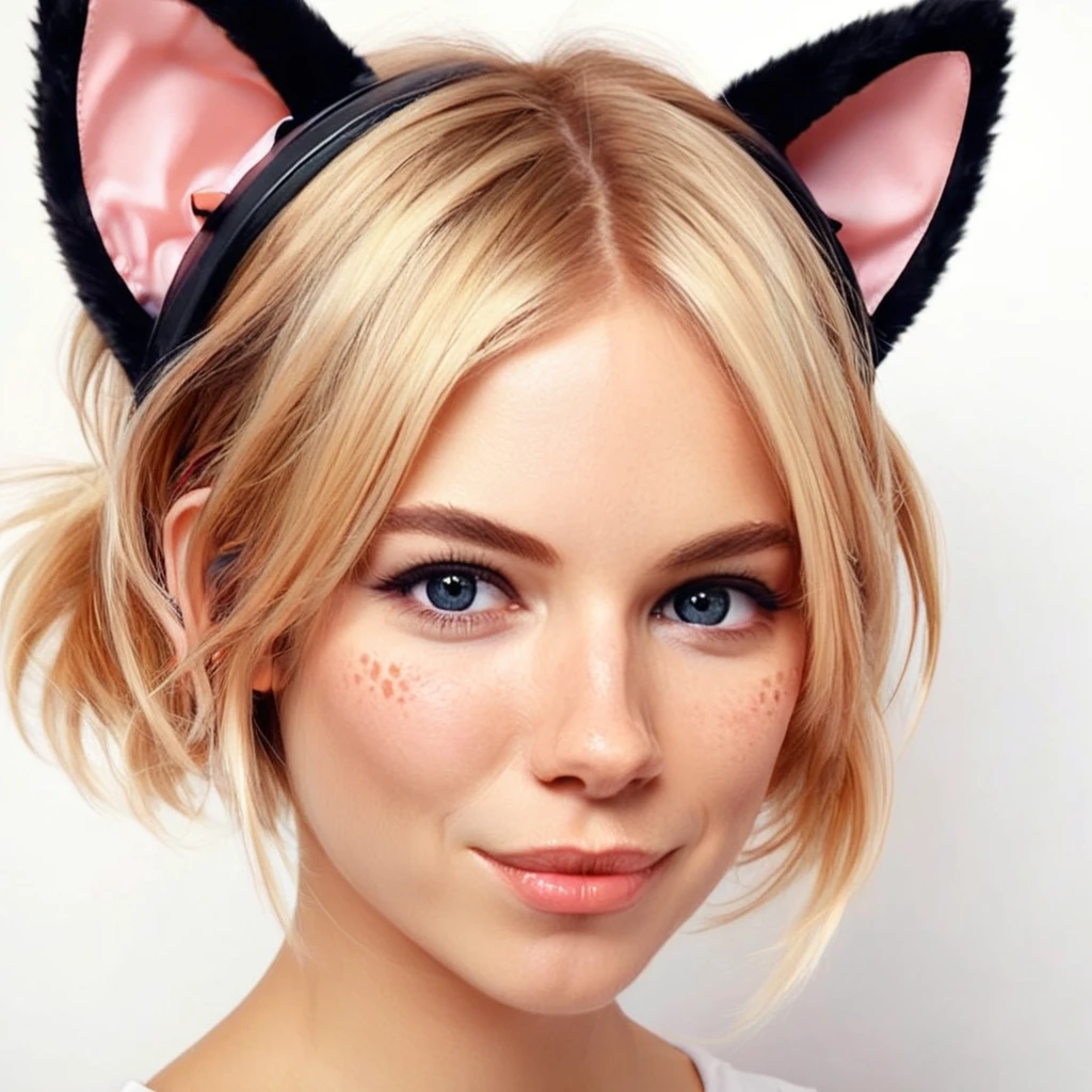 cartoon character design, a cute girl with a flushed nose and cheeks and cat ears. better skin, better eyes, better face, better mouth, detail character,  <lora:smiller1:1>