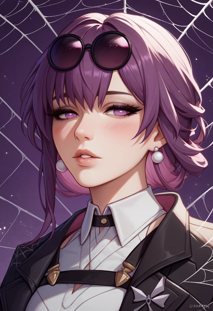 score_9, score_8_up, score_7_up, source_anime BREAK <lora:kafka-hsr-richy-v1_pdxl:1> kfka, purple eyes, purple hair, bangs, sidelocks, eyewear on head, earrings, white shirt, collared shirt, close-up, lips, parted lips, looking at viewer, half-closed eyes, eyeliner, eyelashes, black jacket, jacket on shoulders, abstract background, purple spider web, purple strands, purple background, blush