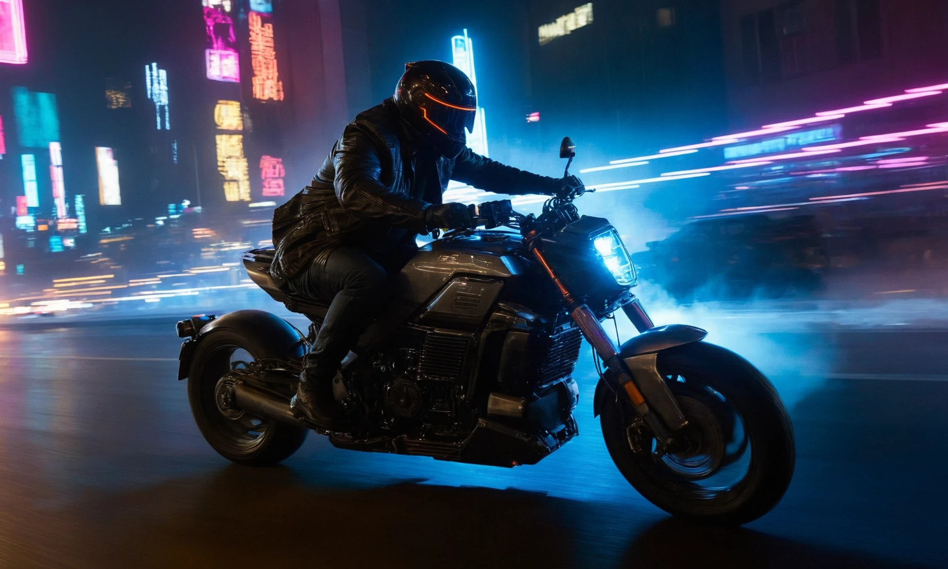 Cinematic, dynamic action film still, dutch angle tilted shot , epic chase in a cyberpunk city, closeup of a man driving a futuristic motorcycle, motion blur, nighttime, neons, satuted tones with reflection, blade runner 2049 inspired, cyberpunk