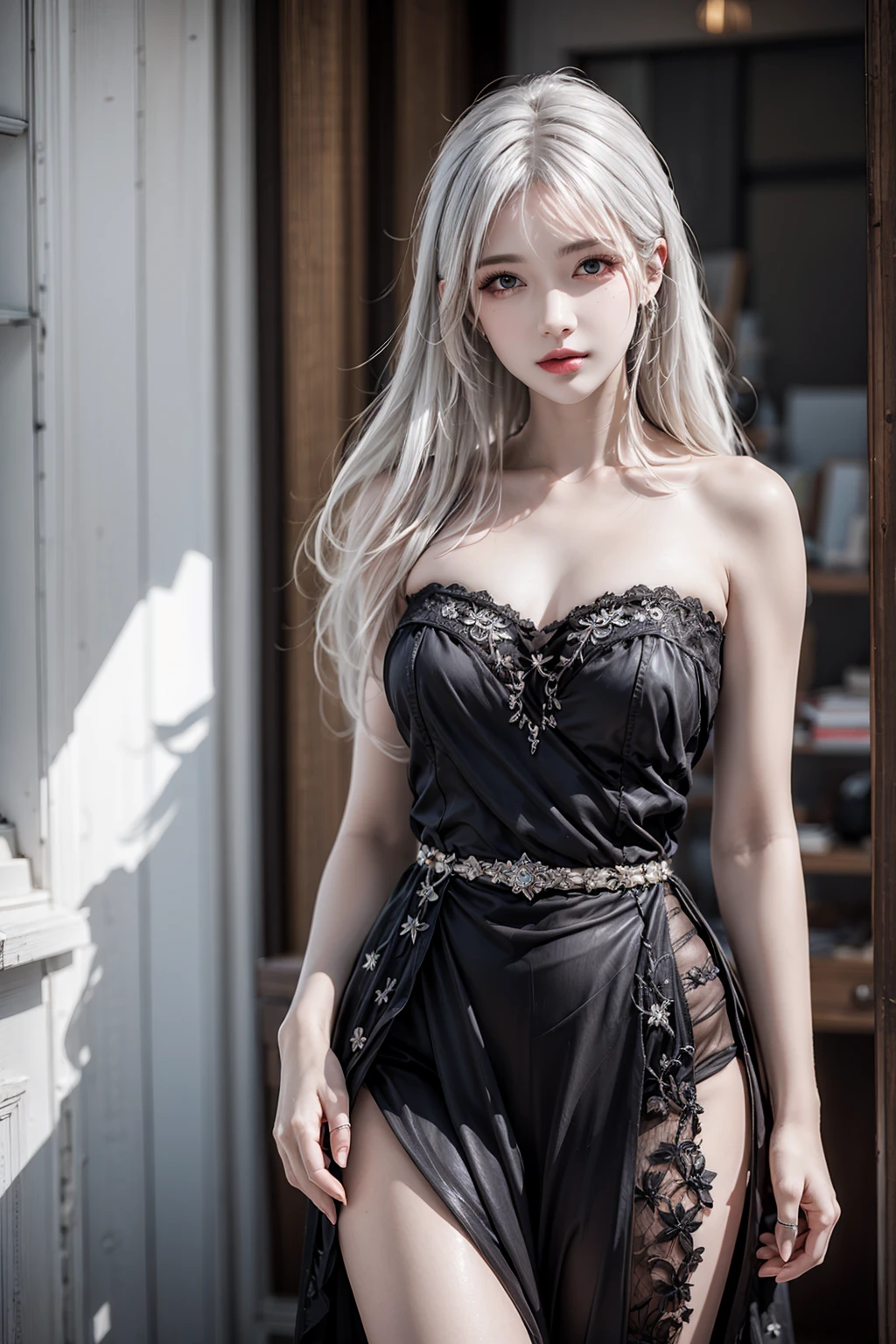 female,masterpiece, realistic, best quality, ultra detailed, waist up, long white hair, fashionable accessories, strapless dress, lace dress, black dress<lora:EMS-179-EMS:0.400000>, <lora:EMS-402992-EMS:0.600000>