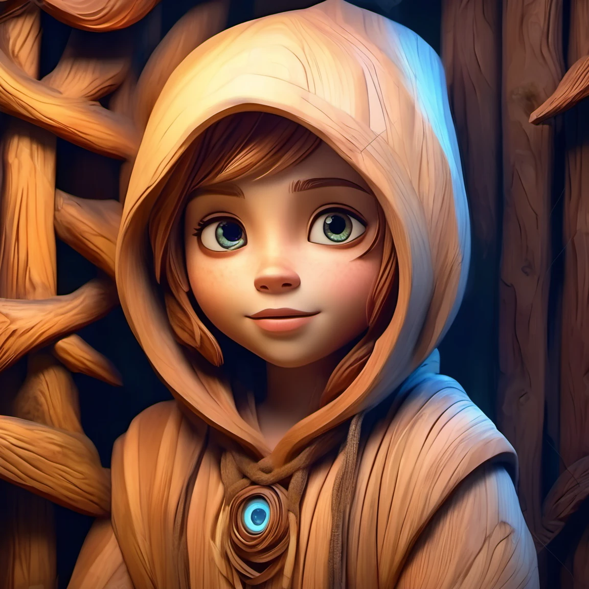 woodenart,wooden,<lora:woodenart:1>, portrait of a CGI animation character, magical background, bright natural lighing, backlighting, professional studio quality, looking at camera, large round cute detailed eyes, detailed, cute, adorable, intricately detailed, fantasy art, digital painting