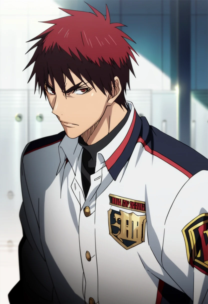 score_9, score_8_up, score_7_up, score_6_up, detailed, ,source_anime, taiga kagami, red hair, red eyes, 1boy, male focus, solo, white jacket, uniform<lora:EMS-403084-EMS:1.000000>