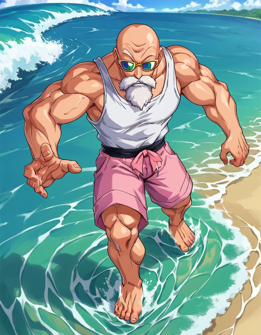 score_9, score_8_up, score_7_up, source_manga, colored,
roshixl, 1boy, tank top, muscular male, pectorals, beach, wave, (dawn:1.3),glow, sunglasses, bald, 
 <lora:roshi:0.9>