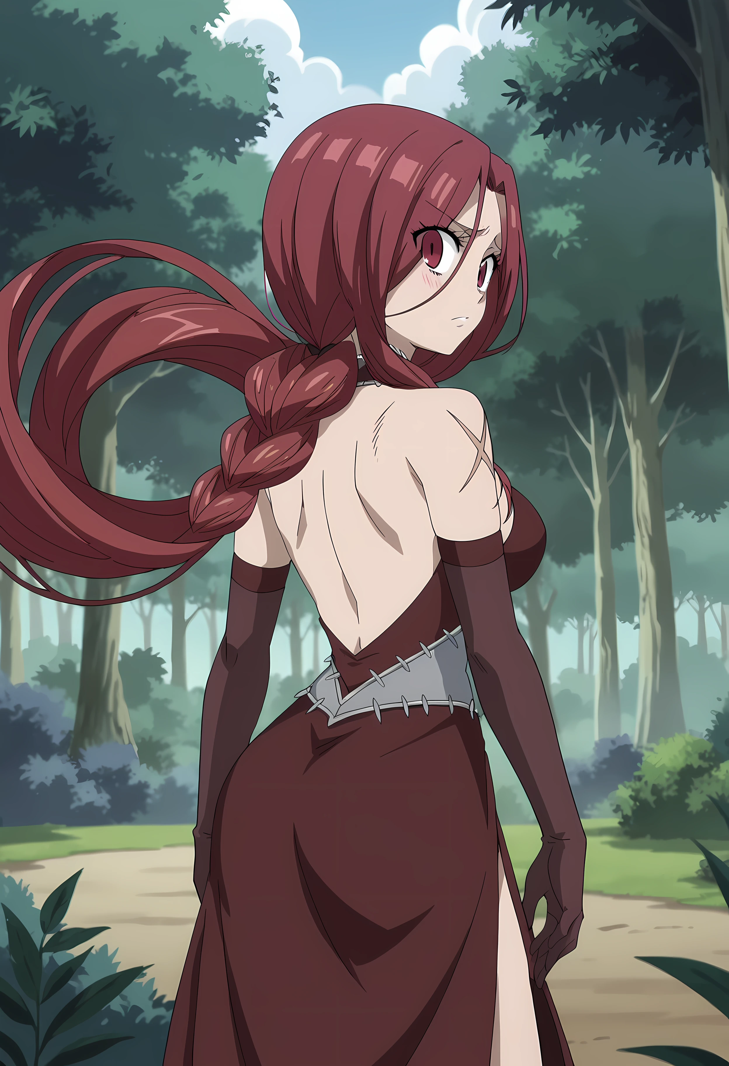 score_9, score_8_up, score_7_up, source_anime, 2d, Flare Corona, 1girl, dark red hair, long hair, twintails, red eyes, big breasts, hand scar, red dress, red gloves, anime coloring, anime screencap, detailed eyes, zPDXL, perfect faces, uncensored, rating_explicit,  <lora:flare_corona_0:1>, from behind, looking back, looking at viewer, forest,