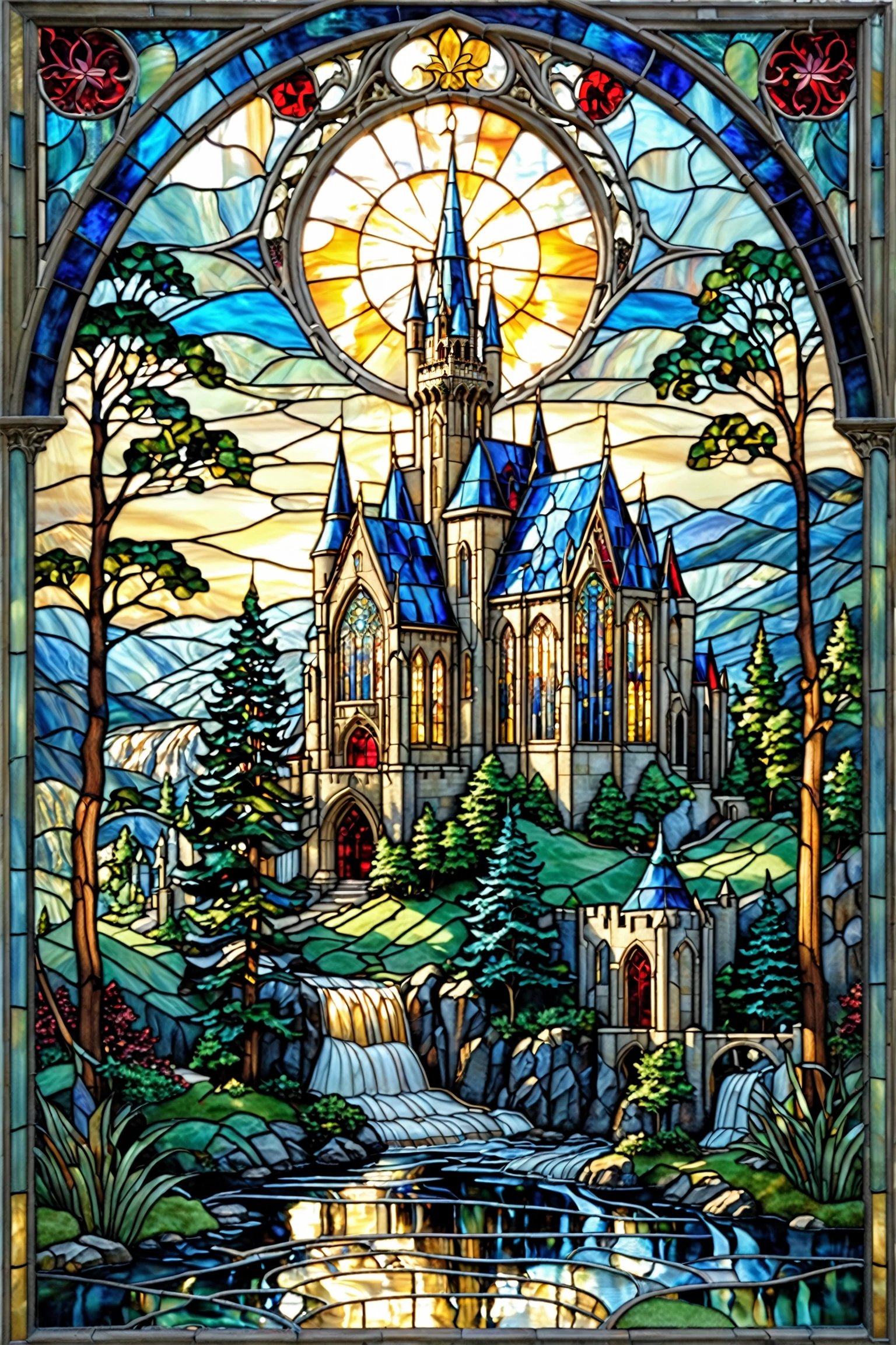 A stunning stained glass artwork of a majestic castle or cathedral situated amidst a serene landscape. The castle features intricate designs, with gothic arches, colorful stained glass windows, and ornate detailing. The surrounding environment is lush, with tall trees, flowing waterfalls, and a calm river. The colors used in the artwork are vibrant, with shades of blue, green, red, and gold dominating the scene. The castle's architecture is complemented by the natural beauty of the landscape, creating a harmonious and enchanting scene.<lora:EMS-402101-EMS:0.800000>