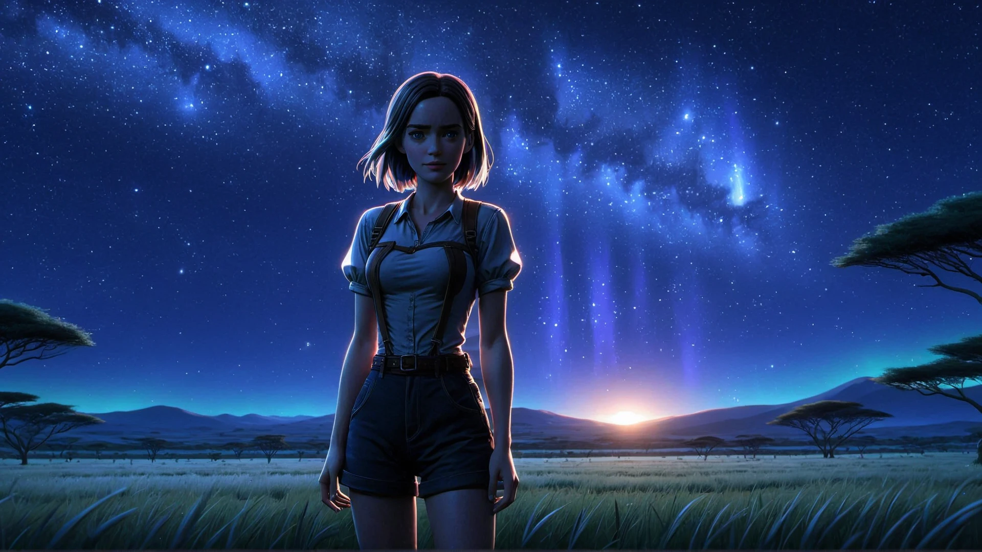 (((masterpiece))) , (((best quality))) , anime style, 2d, well-built charming 1girl, solo, lovely 1girl, AncestralPlane, full body view of beautiful gorgeous Emily Blunt, standing in an open field under a brilliant night sky, shy smile, she has Shaved sides hair, key visual, 