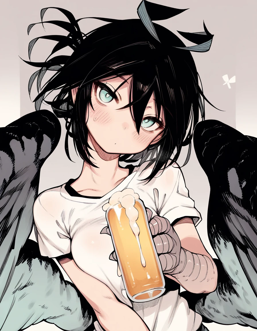 score_9, score_8_up, score_7_up,score_6_up,score_5_up,score_4_up, 1girl , black hair, aqua eyes, low wings, monster girl, antenna hair, harpy, drinking beer, looking at viewer, head tilt, blush,
<lora:karasu_chan_style_pony6_v1:.95>
