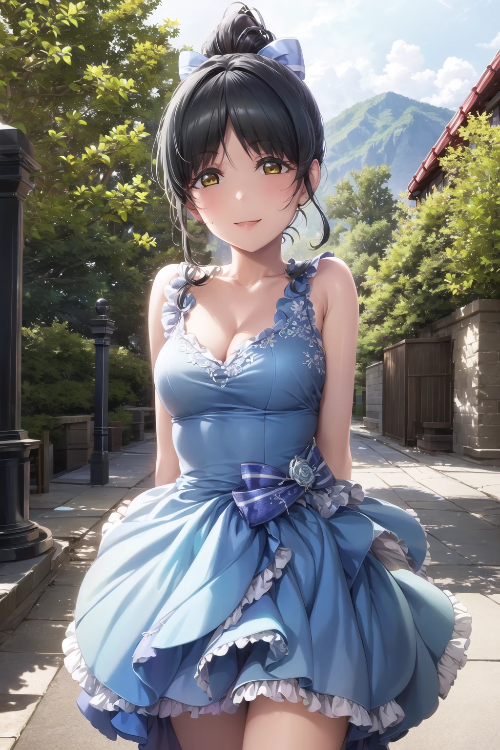 (masterpiece, best quality, ultra-detailed), (illustration), (beautiful detailed eyes), (1girl), (solo),  hazuki ren, black hair, yellow eyes, ponytail, long hair, high ponytail, (hair ribbon:1.2), <lora:ren-04:1>,medium breasts,
(dress, frills, collarbone), cleavage,
(arms behind back:1.1), standing,
(cowboy shot), (tareme), smile, closed mouth,
(outdoors, greenery:1.1), ,depth of field, , <lora:1651489307798708599:0.4> <lora:add_detail:0.2> <lora:tareme:0.4>, <lora:LowRA:0.2>