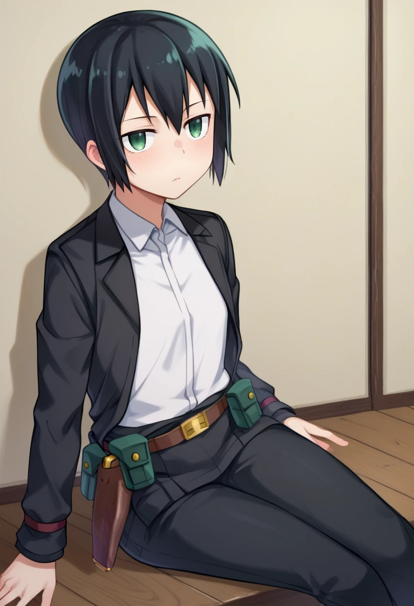 score_9,score_8_up,score_7_up BREAK <lora:kino:1>,kinoSDXL,1girl,solo,short hair,shirt,black hair,long sleeves,jacket,white shirt,collared shirt,belt,pants,black jacket,gun,black pants,green eyes,pouch,brown belt,holster,belt pouch,tomboy,kino (kino no tabi),cowboy shot,room,room background, sitting,