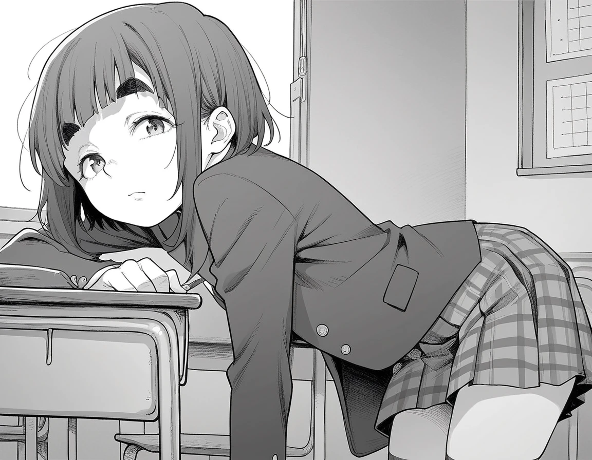 (depicting a single moment from a manga for adults), (hand-drawn), ((simple line art)), ((manga-style line art background)), (only 5 colors used), ((pubic hair, school uniform, round face, eyes with realistic sizing, drooping eyes, blush, sweat, shame smile, thin lips, spread her legs)), (((standing to hit her crotch the corner of the table, orgasm))), open mouth, 