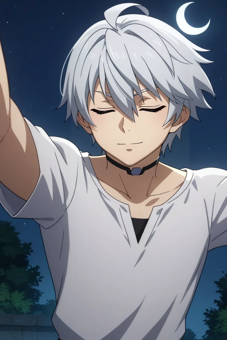 score_9, score_8_up, score_7_up, source_anime, rating_safe, , anime screencap, , official style, , , 1boy, solo, male focus, <lora:liu_mi_pony:0.82>, liu_mi, grey hair, purple eyes, short hair, hair between eyes, ahoge, , wide angle, wide shot, cowboy shot, atlantis, night, crescent moon, outstretched arms, (closed eyes:1.2), smile, ,, <lora:sdxl_lightning_8step_lora:1>