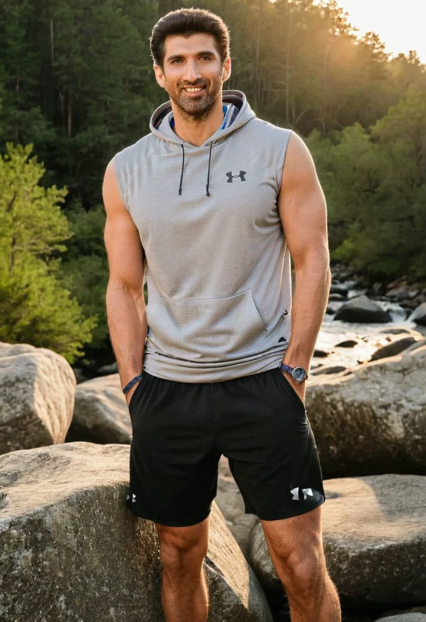 photo of david benioff a man <lora:adityark-davidbenioff:1>, wearing a sleeveless well-fitted under armour hoodie and compression shorts, standing on a boulder, outdoor trail, 35mm photograph, film, bokeh, professional, 4k, highly detailed, creek in the background, natural lighting, golden hour