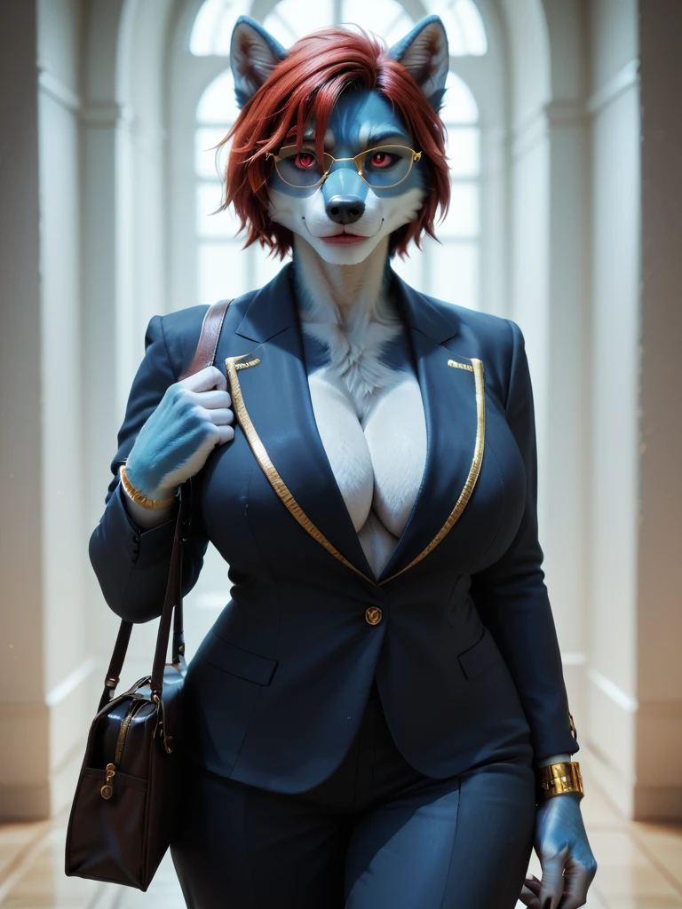 furry, female, <lora:suspiciously wealthy furries:0.1> blue wolf, blue body, red hair, huge breast, red eye, black formal stripe suit, hand bag, lips, look at viewer, gold bracelet, gold glasses, short hair, score_9, score_8_up, score_7_up, photorealistic, high quality