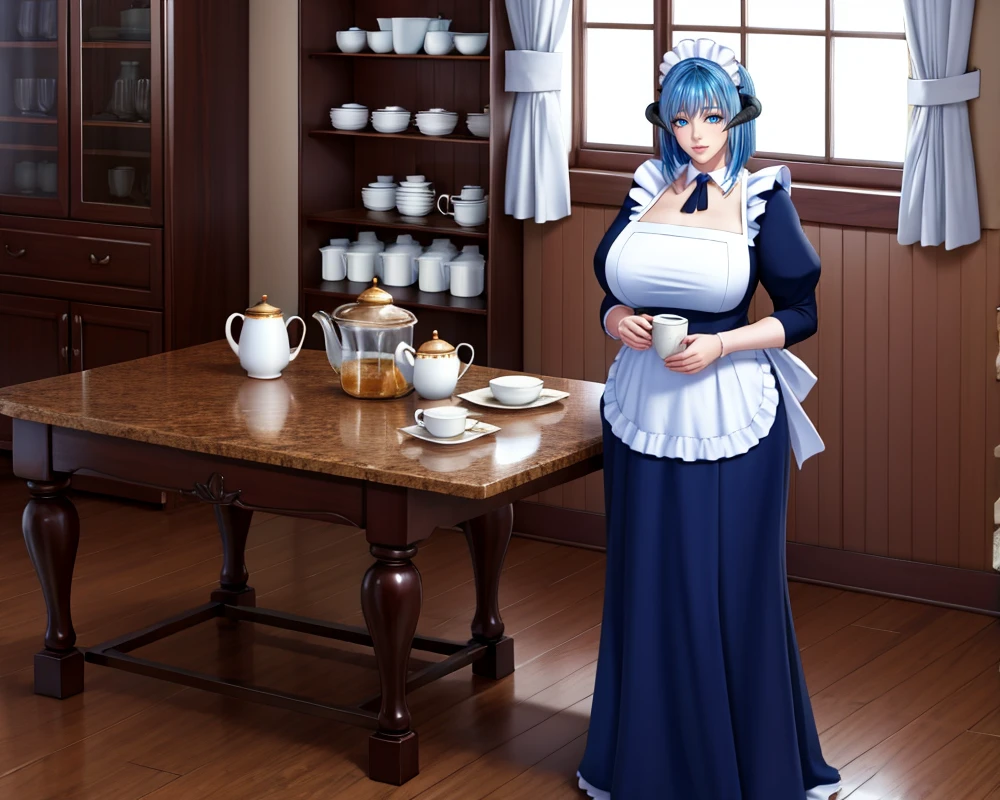 <lora:cyanbaru4:0.8>,1girl, cyanbaru, solo, large breasts, blue hair, horns, huge breasts, blue eyes, maid, maid headdress, full body,  tea jar,