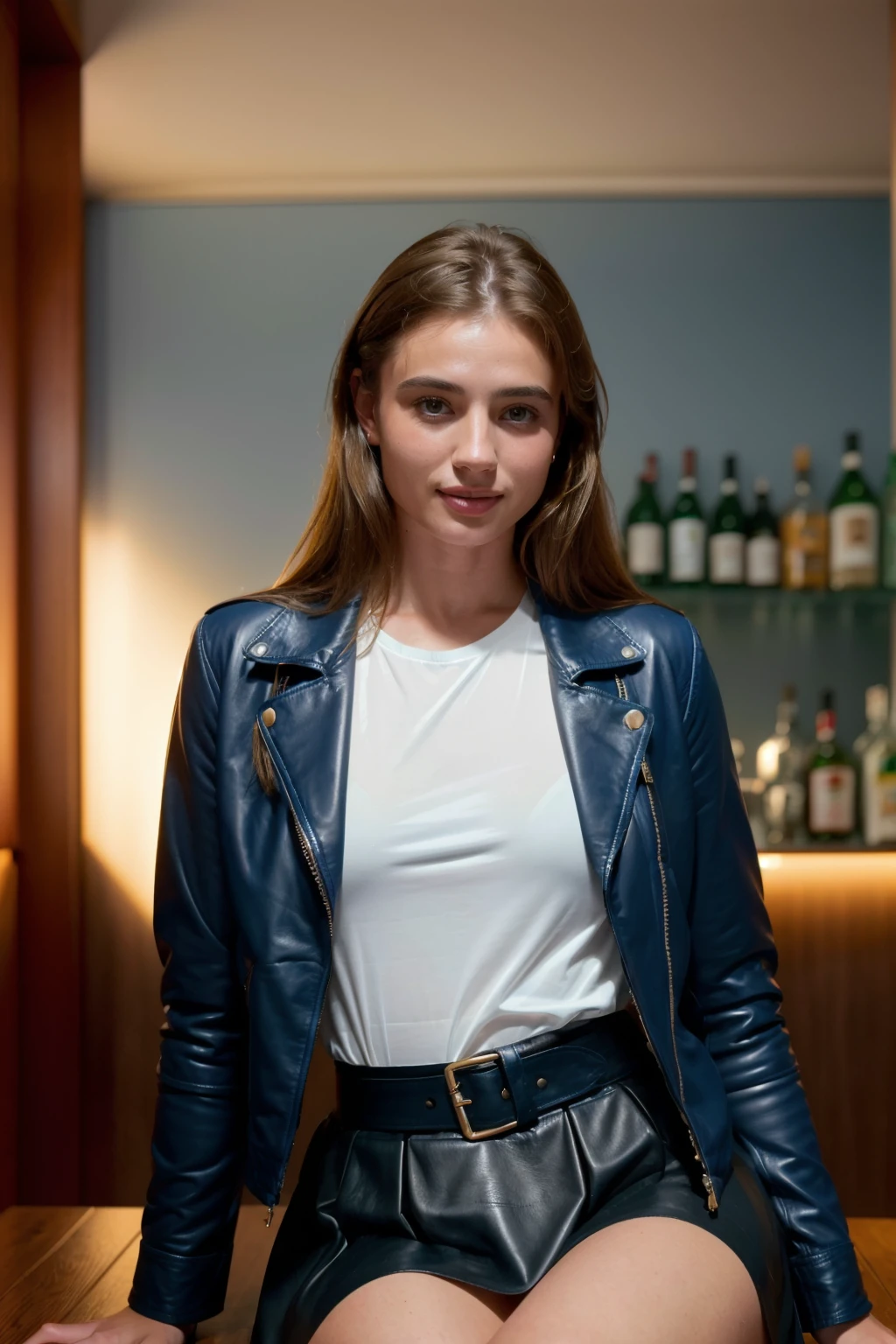 a photograph of (1girl, 24 years old, slight smile)>, <lora:ZH_EVasilenko_v11.5:1>, zh_evasilenko, solo, realistic, brown eyes, looking at viewer, wearing (leather jacket, shirt, skirt)