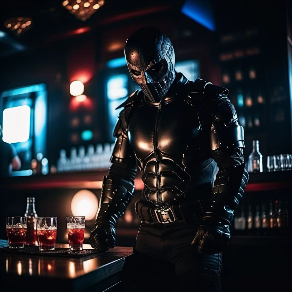 cinematic photo  man with a black mask in an black armored bodysuit, black gloves, black cargopants, shoulder armor, breast plate, black military boots, dark, having a cocktail in a dark pub <lora:Rendel1024-000150:0.8> . 35mm photograph, film, bokeh, professional, 4k, highly detailed