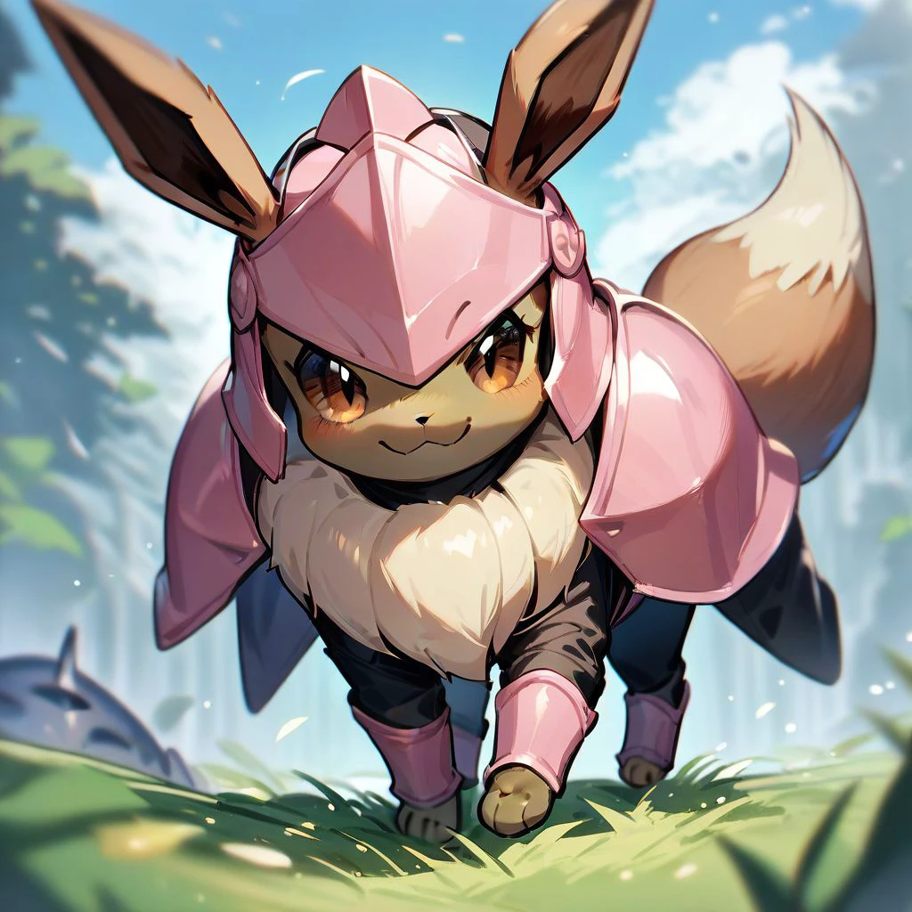 score_9,score_8_up,score_7_up,score_6_up,score_5_up,score_4_up, solo, knight, pink armor, helmet, pokemon (creature), eevee, feral, clothed pokemon, brown eyes, brown fur, outdoors, grass,