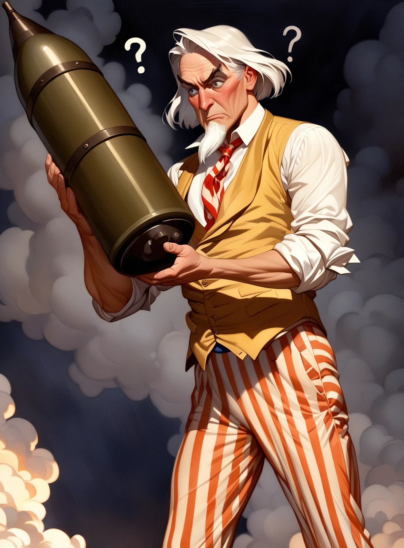 masterpiece, best quality, very aesthetic, absurdres, uncle sam, 1boy, male focus, white hair, long goatee, red vertical-striped pants, yellow vest, white shirt, sleeves rolled up, red undone necktie, light-skinned male, surprised, ?, looking to the side, from the side, half body, standing, night, j.c. leyendecker style - uncle sam holding a giant artillery shell in both hands, looking down, soot on face, (smoke in the background:0.75), dramatic, masterpiece