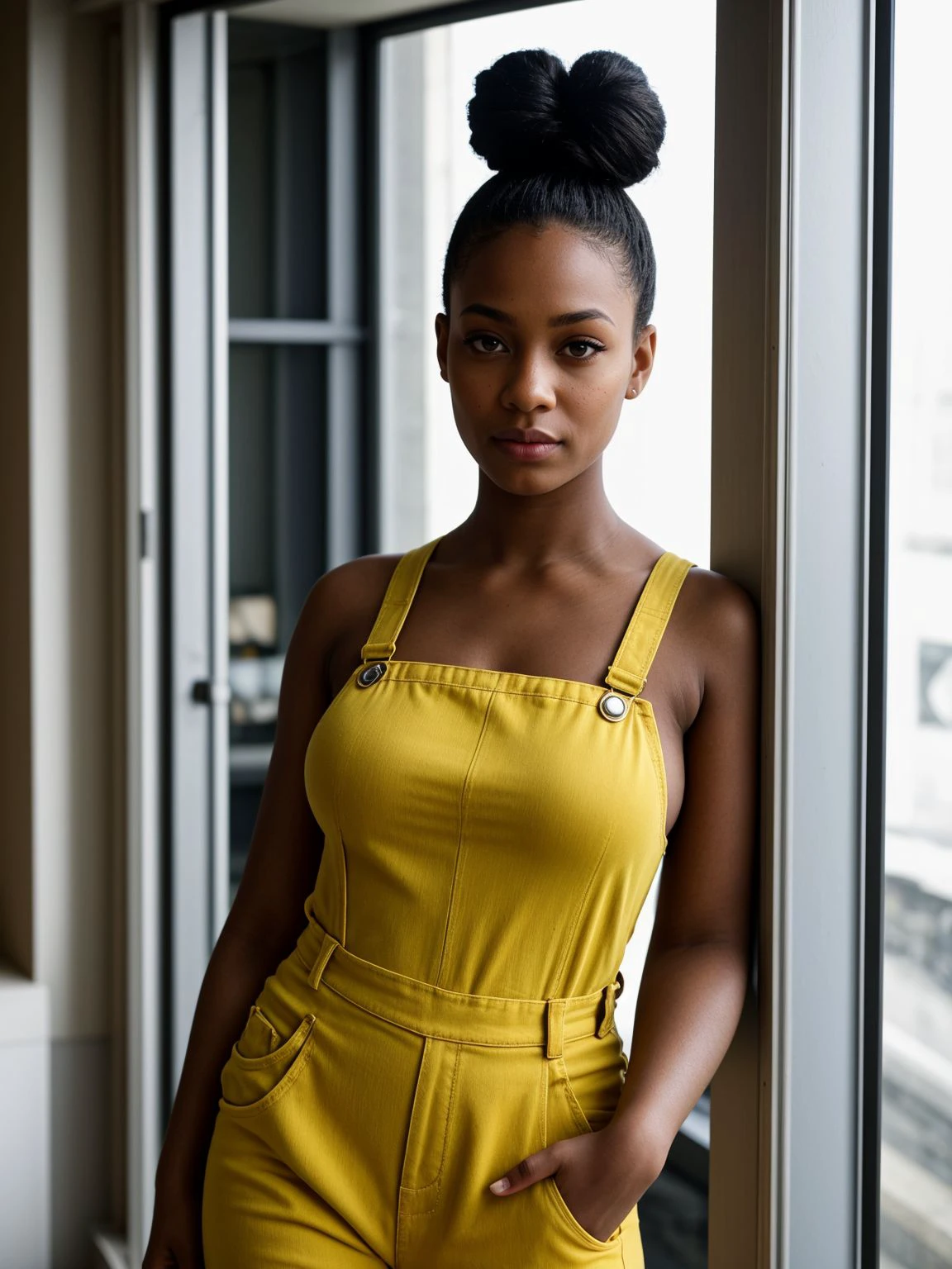 , <lora:high-bun:0.5> high-bun, hairstyle, yellow, (looking at viewer:1.2), eyes, medium breasts,  Dungaree dress, sliding door, large window, , <lora:lcm-lora-sdv1-5:0.75> (light skinned:1.1), ,