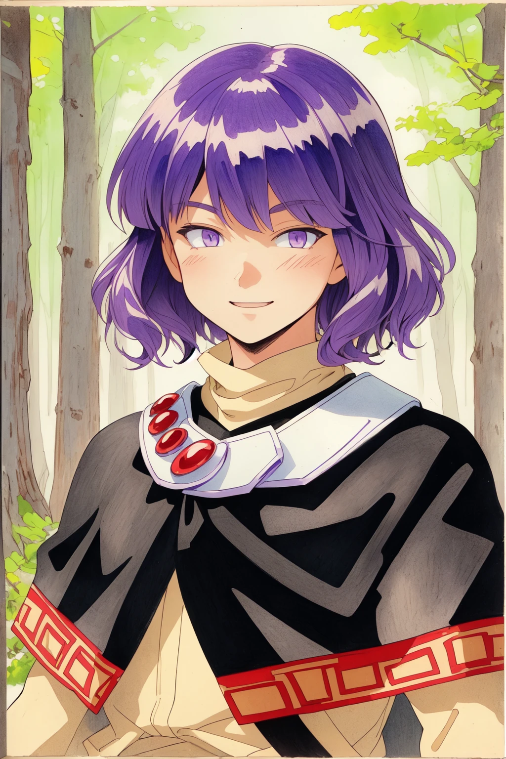 (xellos:1.4), solo male, 1boy, upper body portrait,vibrant colors, colorful, original, purple_hair, forest, capelet, smile, expressionless, neutral_expression, purple eyes, <lora:Xelloss01:0.6>, red crystal, standing, curly hair, (traditional media:1.4),