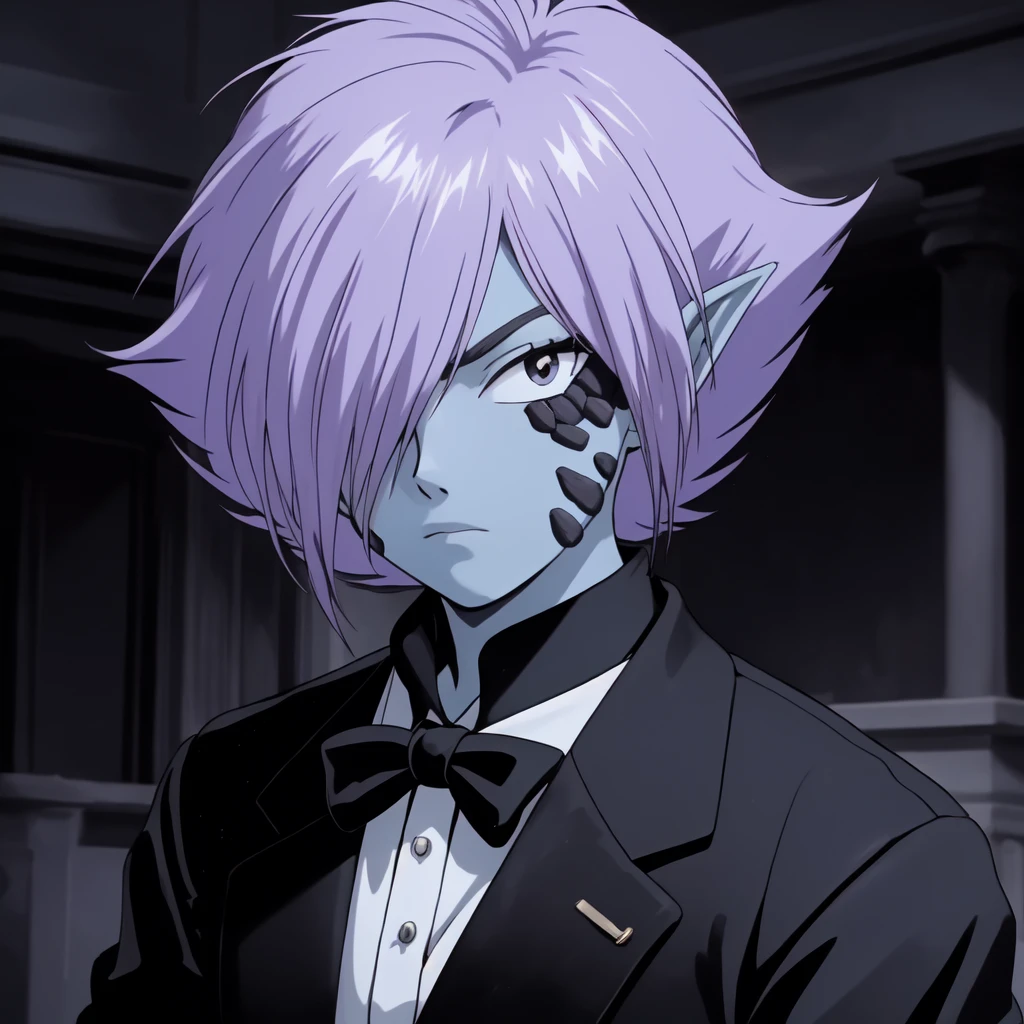 (zelgadis:1), solo male, 1boy, upper body portrait, purple hair,mansion, (black tuxedo:1.4), expressionless, <lora:Zelgadis1:0.5>, (blue skin:1.1), hair over one eye, bow, pointy ears