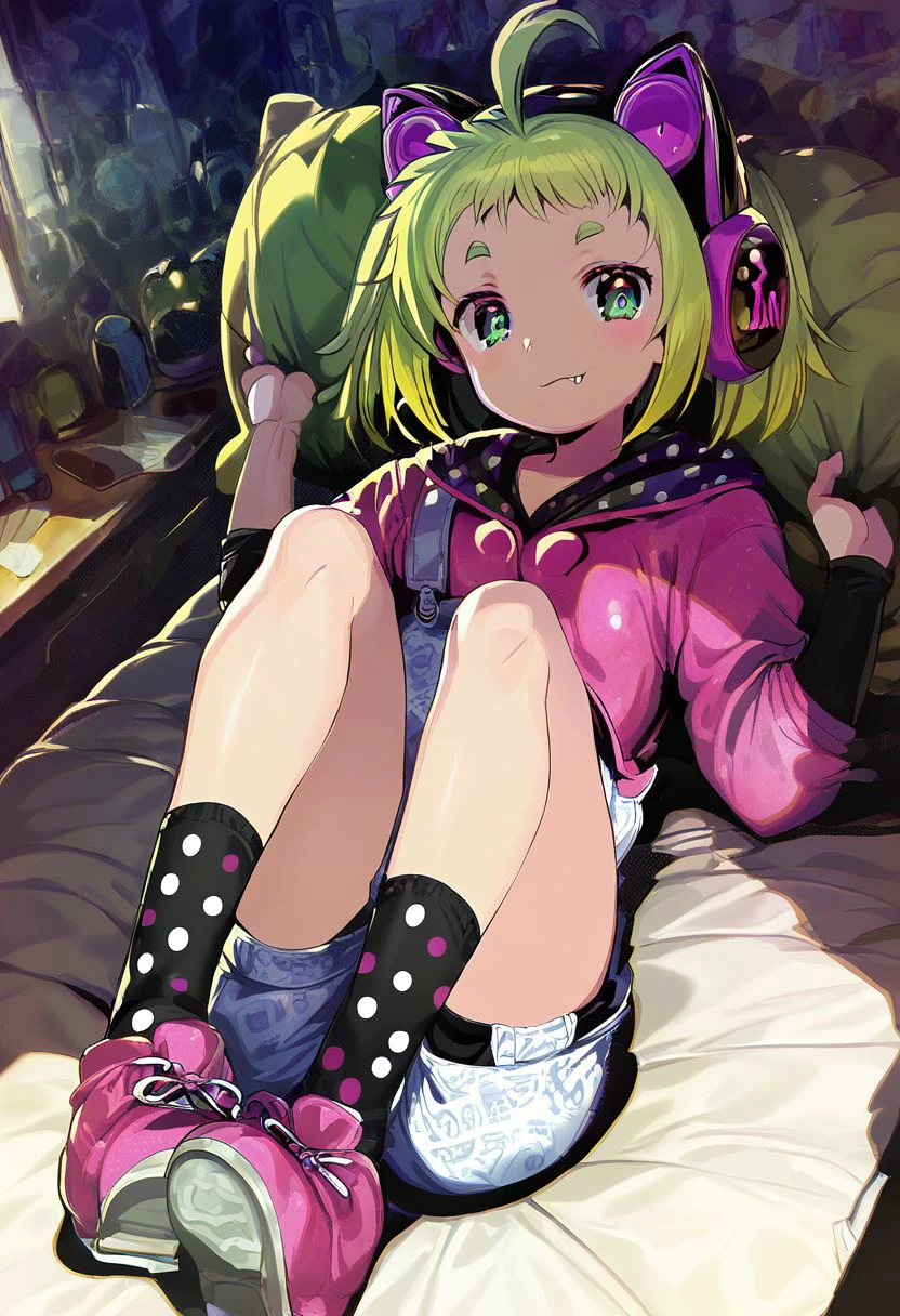 pink headphones, animal ear headphones, cat ear headphones, green hair, short hair, ahoge, twintails, green eyes, aqua eyes, detailed eyes, perfect eyes, fang, thick eyebrows, BREAK polka dot legwear, black socks, overall shorts, long sleeves, overalls, hoodie, pink hoodie, hood, hood down, sneakers, pink footwear, polka dot,  BREAK laying back on bed, bed, legs wide open, looking at viewer, indoors, bedroom background, dark room, view from above, BREAK ((ultra-detailed)), ((best quality)), ((best quality)), ((beautiful eyes)), ((extremely detailed)), 4K, (8K), best quality, (beautiful), Master piece, highres, score_9, score_8_up, score_7_up, score_6_up, score_5_up, score_4_up, colorful, best quality, masterpiece, nai3, god light, detailed background, high quality background, Urakagi_Saji,