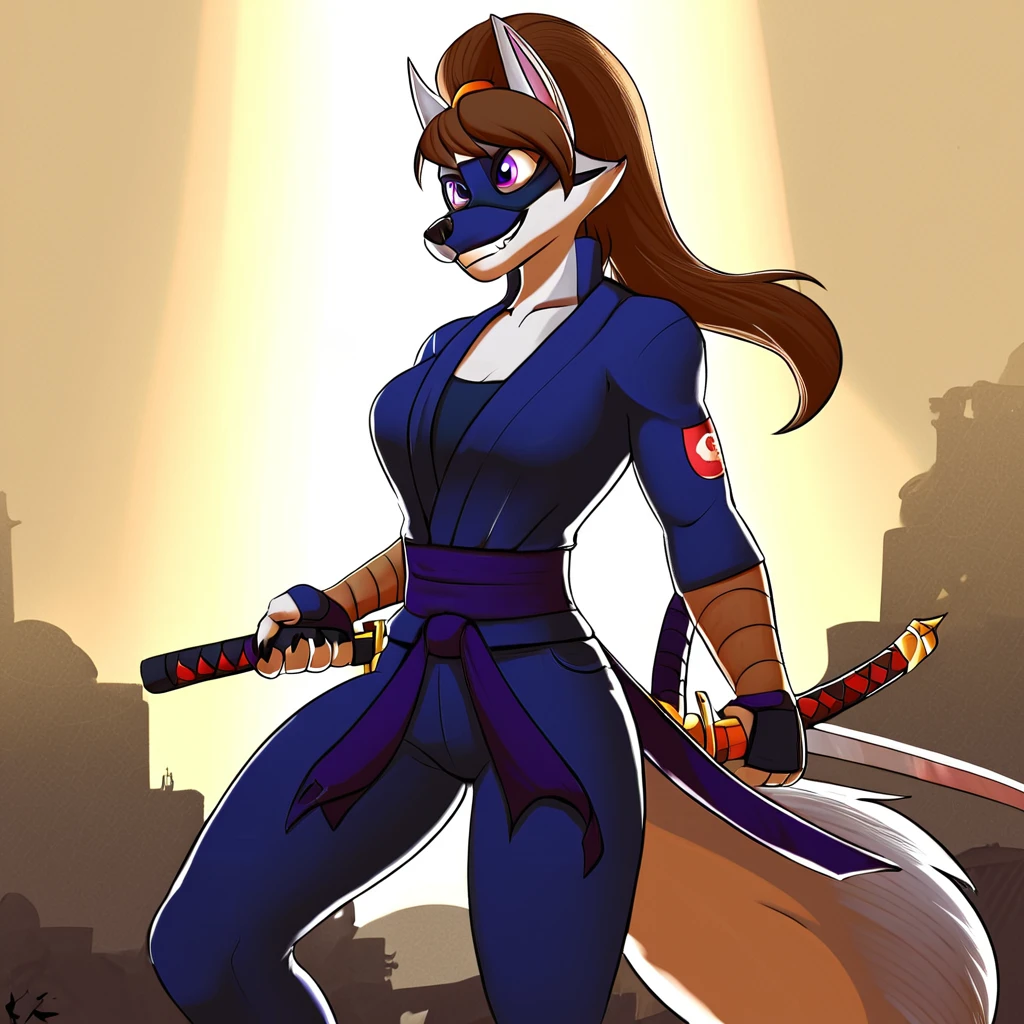 source_furry, zPDXL2, ((masterpiece)), best quality, 1girl, solo, (anthro, wolf, purple eyes, brown hair), clothing, pants, ninja black uniform, ninja weapons, katana, ninja mask mouth, mouth close, (detailed background, 4k, 2k, movie, hd, walking in the city), <lora:chloe_shiwulf_PDXL_V1-10.safetensors:0.9>, fight, evil eyes,   