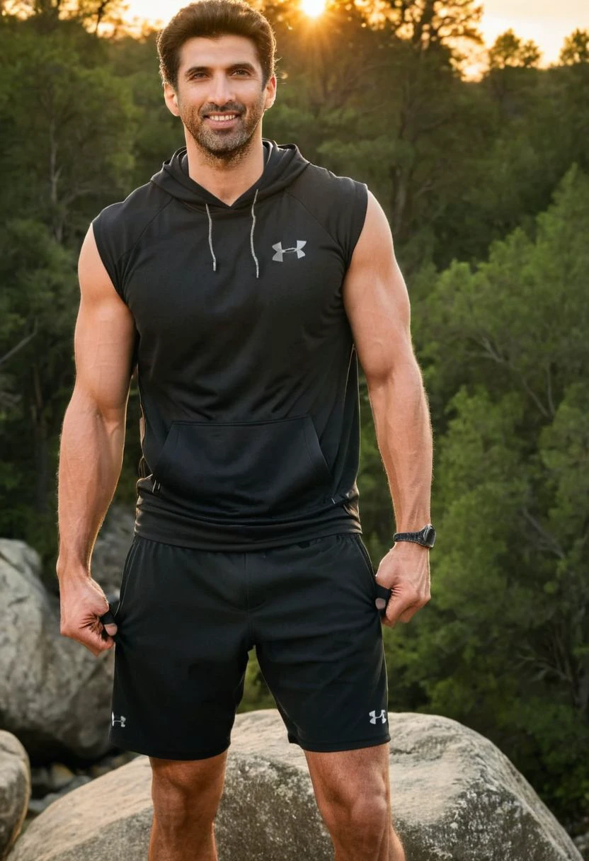 photo of david benioff a man <lora:adityark-davidbenioff:1>, wearing a sleeveless well-fitted under armour hoodie and compression shorts, standing on a boulder, outdoor trail, 35mm photograph, film, bokeh, professional, 4k, highly detailed, creek in the background, natural lighting, golden hour