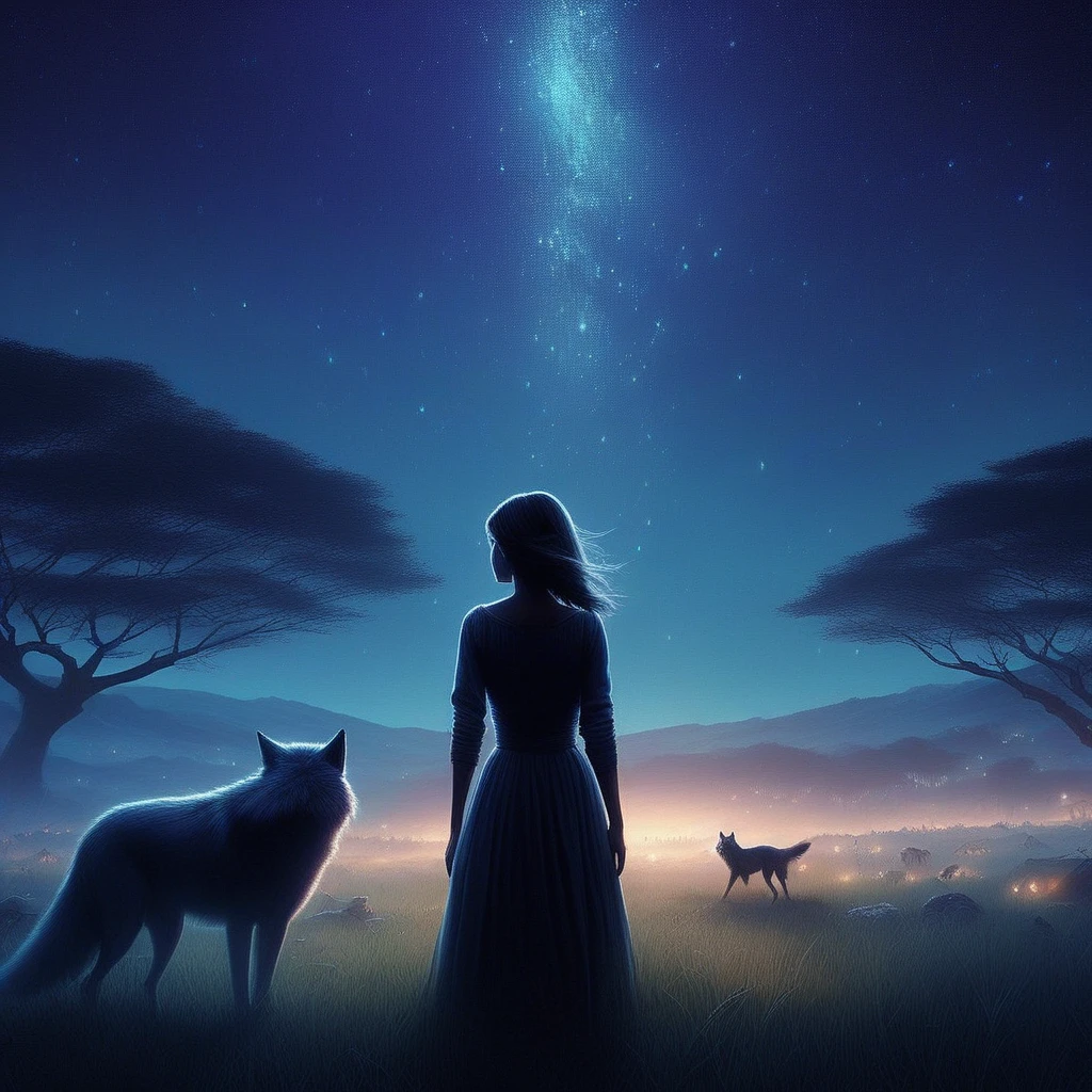 looking at a vast, a woman standing in the middle of a field filled with fireflies, with a wolf looking at him, standing in the middle of a field filled with animals