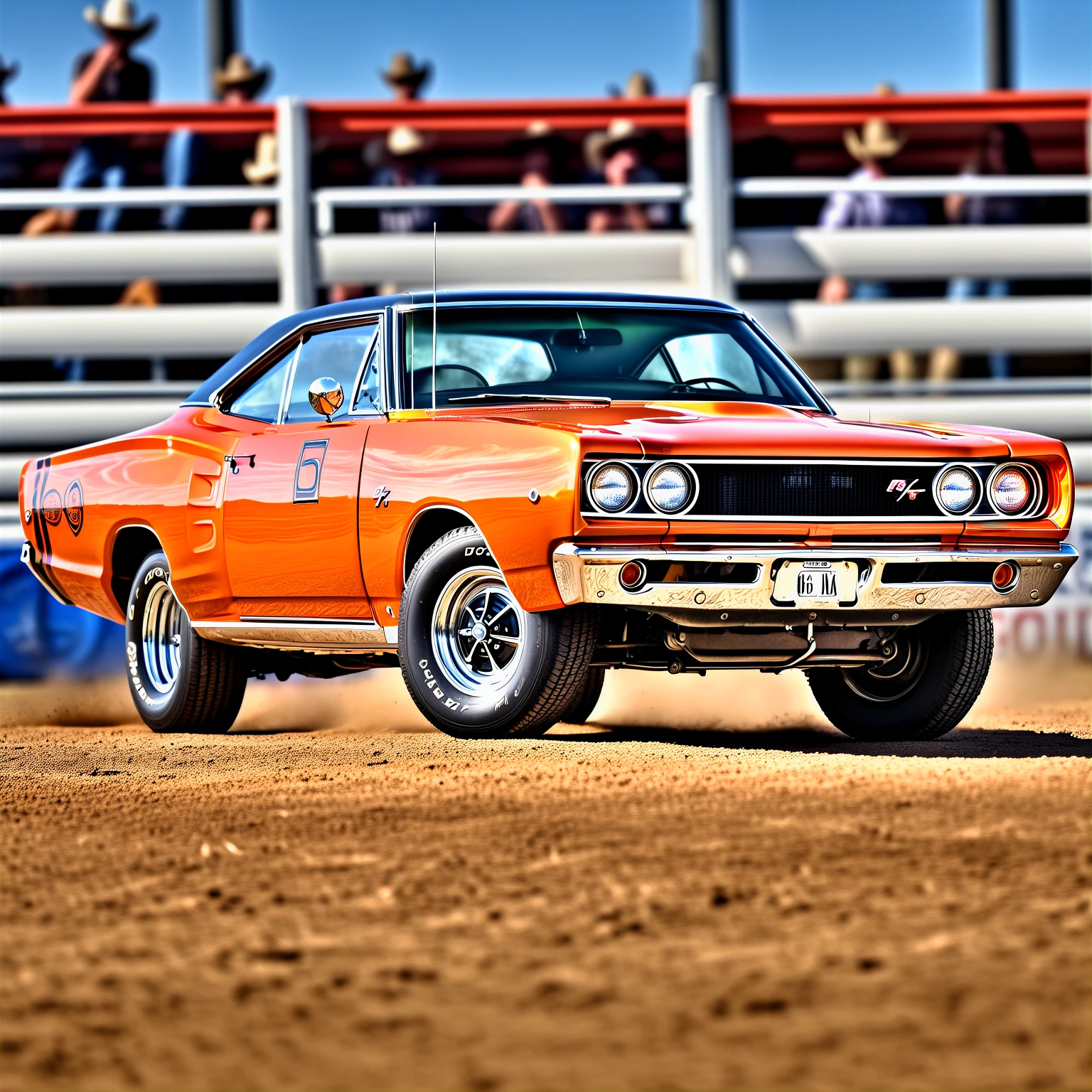 high-resolution 8k realistic photograph of an orange  68DodgeXL at the rodeo, studio lighting, rim lighting, shallow depth of field, <lora:68DodgeXL:0.85>