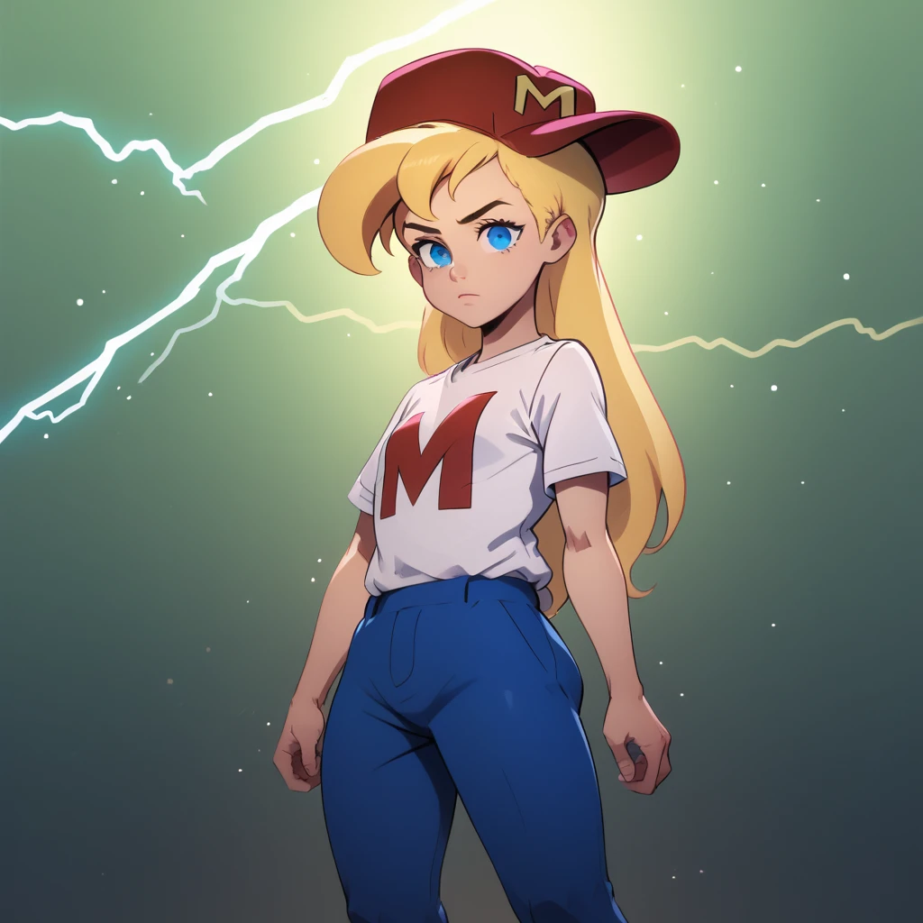 score_7_up, BREAK, 1girl, solo, Maxine, blonde hair, long hair, blue eyes, red hat, white shirt, short sleeves shirt, blue pants, white footwear ,<lora:Maxine_MightyMax_PXL_Leaf1:1>, cowboy shot, glowing hat, light particles, green lightning,