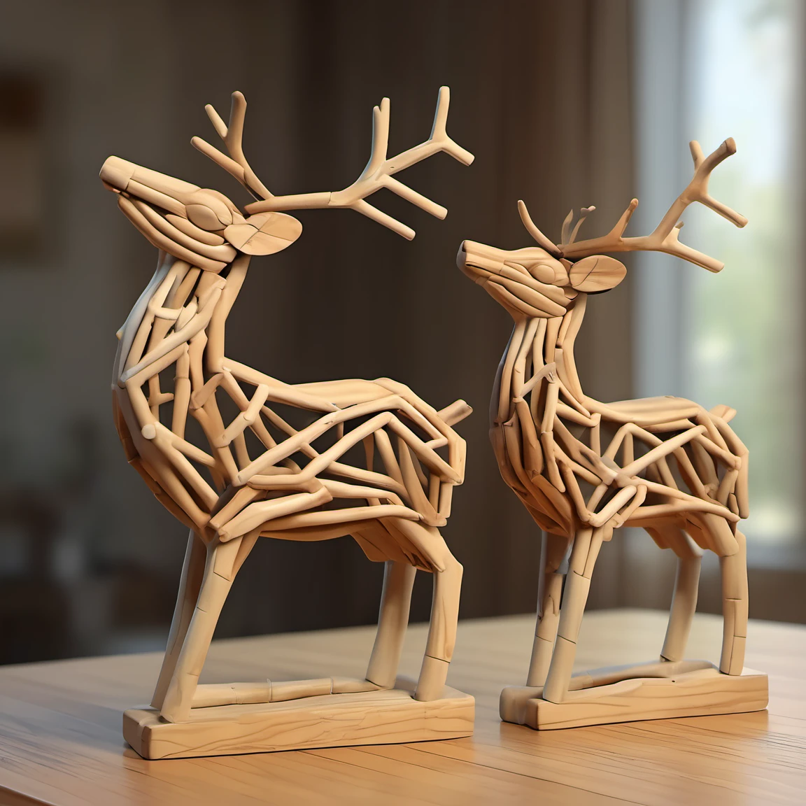 woodenart, a couple of wooden reindeer sculptures standing on top of a wooden floor <lora:woodenart:1>, alluring portrait, intricate, highly detailed, digital painting, artstation, concept art, naughty, sharp focus, cinematic lighting, illustration, art by artgerm and greg rutkowski, alphonse mucha, cgsociety