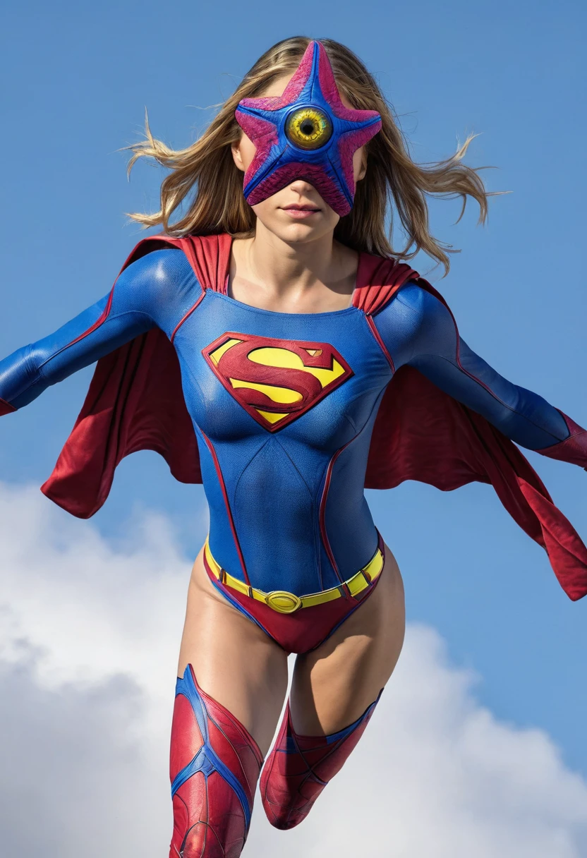 photograph of Supergirl with ((starro on her face)), highly detailed skin, depth of field, flying through the sky, wearing superhero costume<lora:Starro:1>, full body