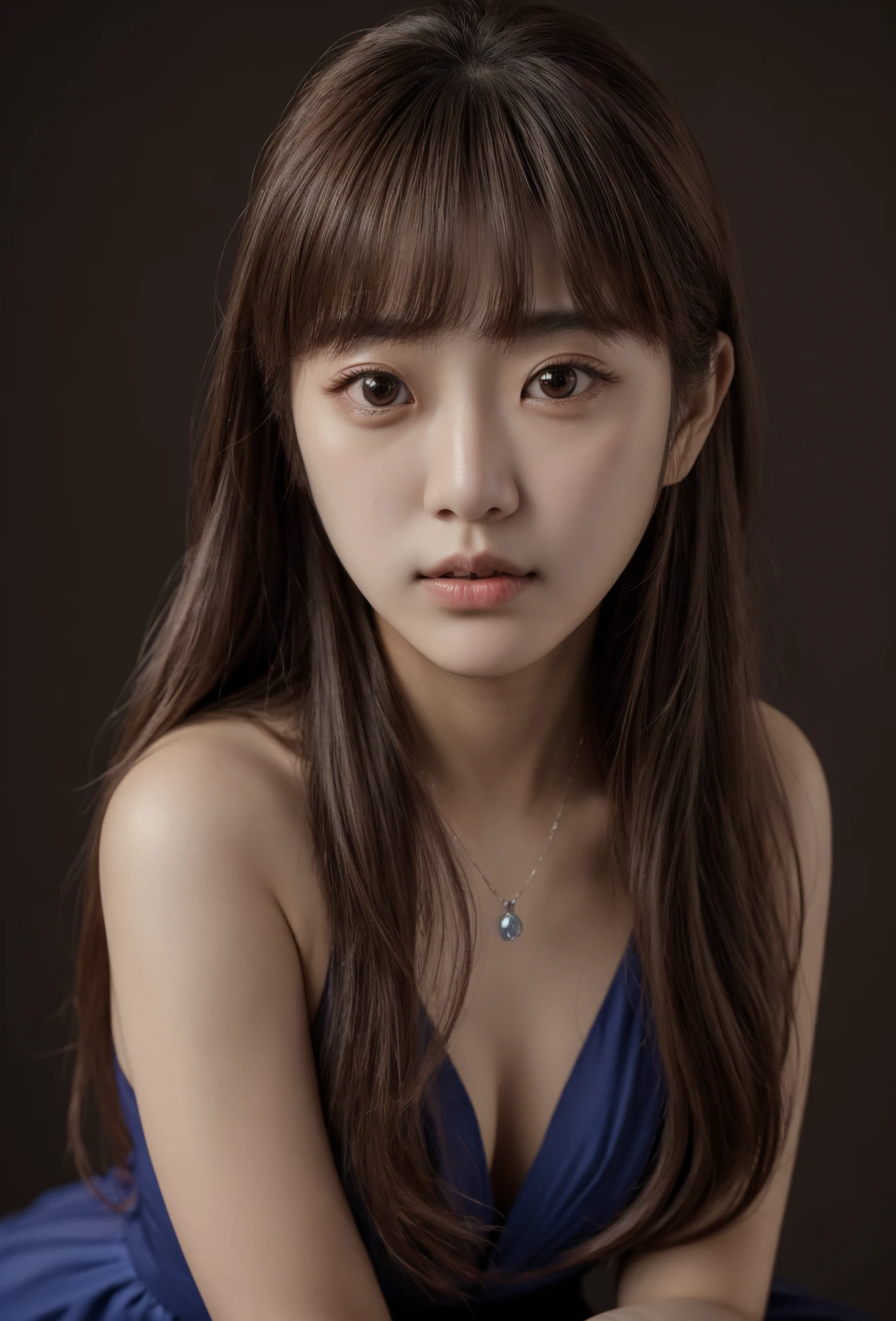 (masterpiece:1.35), (best-quality:1.4), 8k, ultra-detailed, photography, (ultra-realistic:1.4), 1girl, (portrait), (in love, in love expression:0.7), looking at viewer, (brown eyes:1.2), (long hair), deep v dress, simple background, (balanced photo, balanced exposure:1.2),