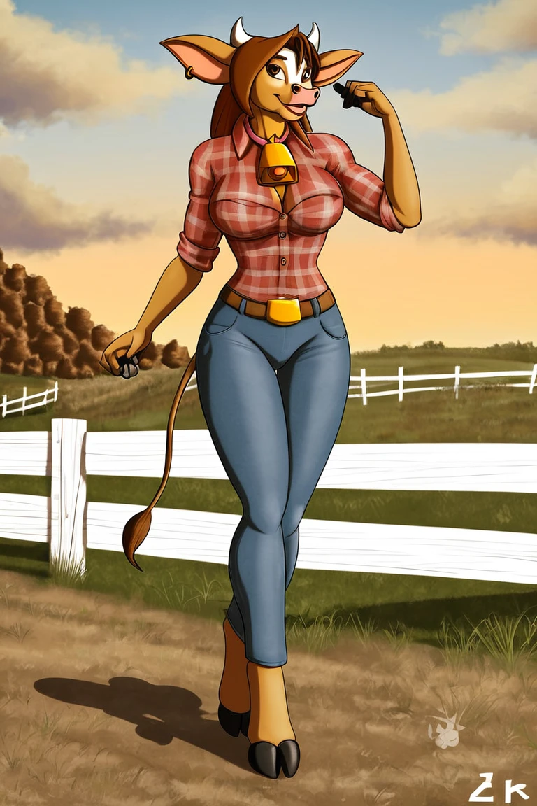 furry, zPDXL2, ((masterpiece)), best quality, 1girl, solo, (anthro, bessie, cow, brown eyes, brown hair), clothing, pants, (detailed background, 4k, 2k, movie, hd, walking in the farm), looking_at_viewer<lora:EMS-403040-EMS:0.900000>