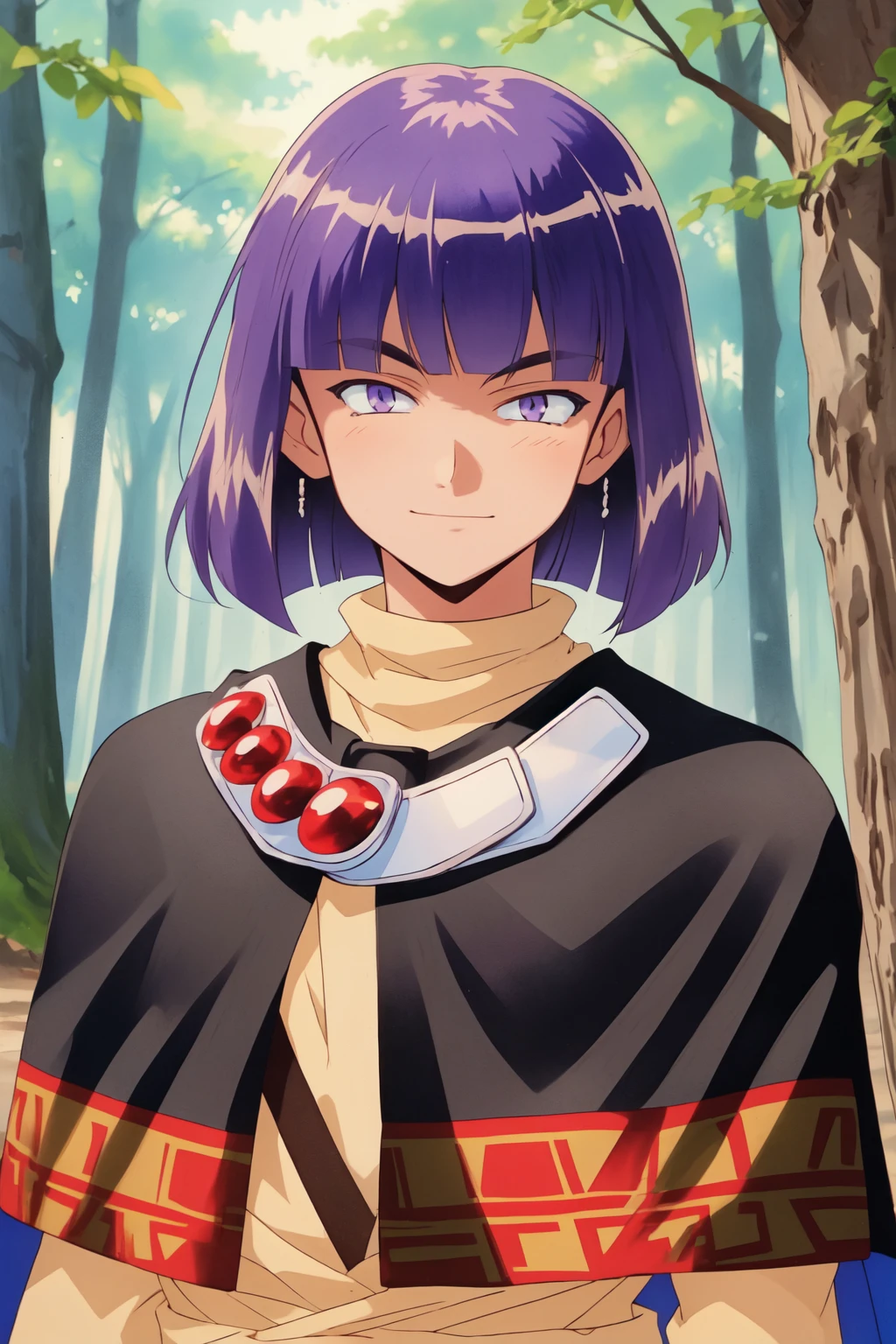 (xellos:1.4), solo male, 1boy, upper body portrait,vibrant colors, colorful, original, forest, capelet, expressionless, neutral_expression, purple eyes, light smile,  <lora:Xelloss01:0.8>, standing, curly hair, bob cut, blunt bangs, (traditional media:1.2), (red:1.1) jewel