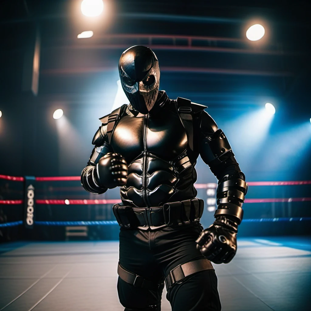 cinematic photo  man with a black mask in an black armored bodysuit, black boxing gloves, black cargopants, shoulder armor, breast plate, black military boots, dark, boxing on a ring <lora:Rendel1024-000150:0.8> . 35mm photograph, film, bokeh, professional, 4k, highly detailed