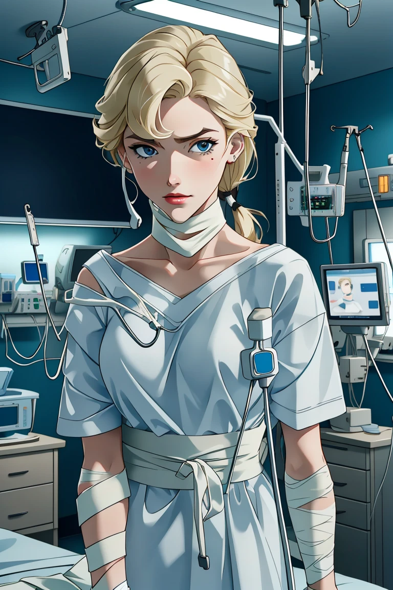 (RAW photo, best quality,facing the viewer,from front), operating room, overhead surgical light,blurred background, focused, dithering,backlighting,
<lora:CM_Patient_Bandaged_V2.0-000004:0.8> patient_bandaged, 1girl, solo, hospital bed, intravenous drip, bandages, monitor,
 <lora:helga:0.8> helga 1girl,1girl,solo, blonde hair, makeup, blue eyes,